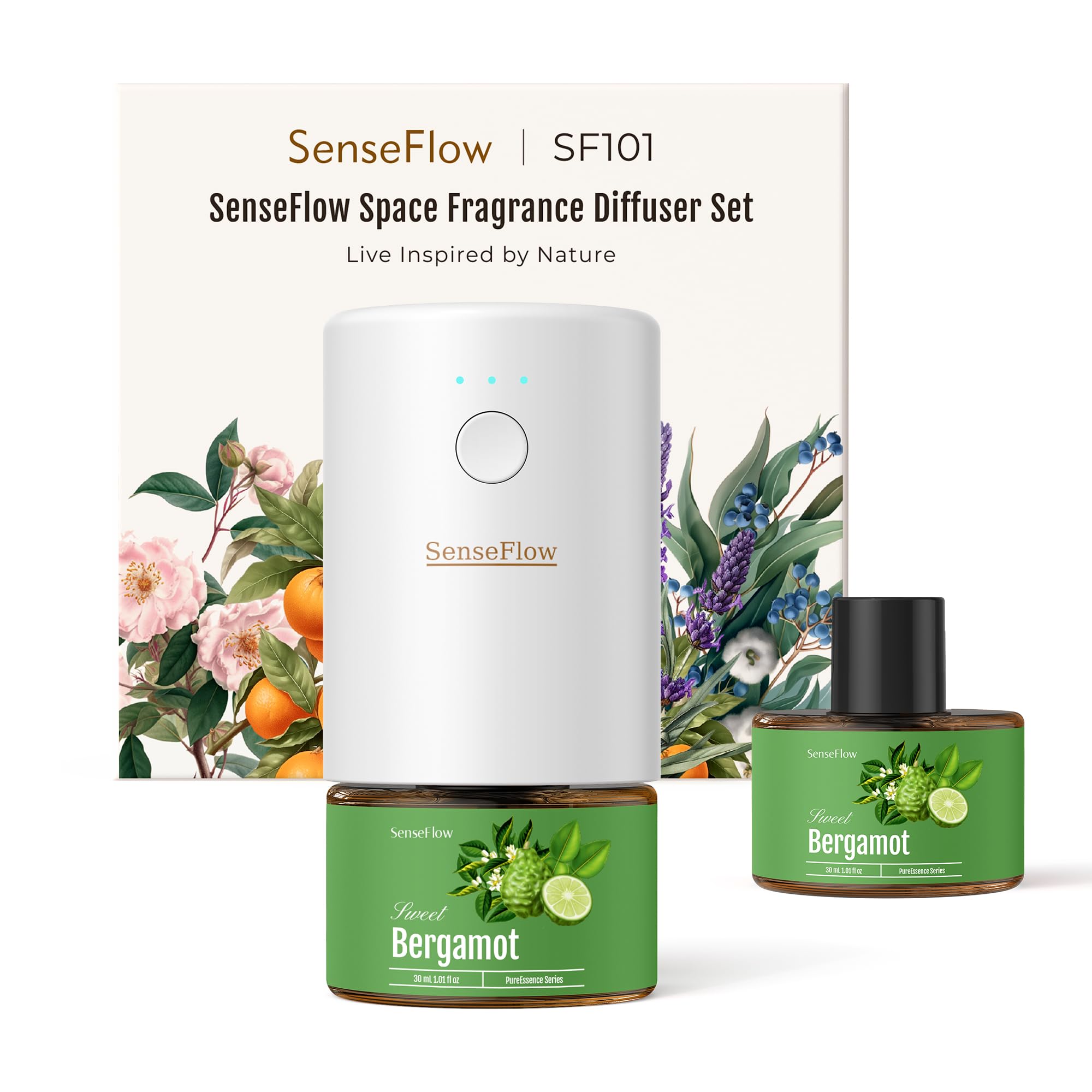 Diffusore di Oli Essenziali SF101 Pro - Ultrasuoni Senza Acqua Profumatore per Ambienti, 100% Vegetale, Aroma 120 Giorni, LED, Ideale per Casa, Hotel e Studi - Bergamotto