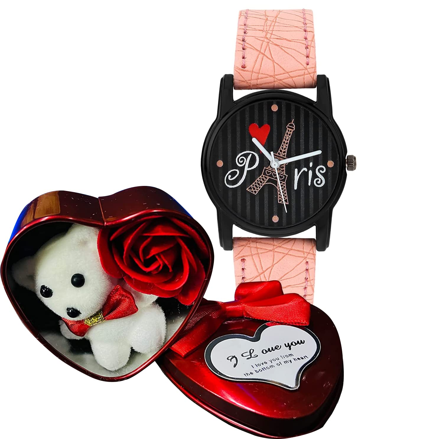 Relish Analog Watch & Heart Shape Gift Box with Teddy & Artificial Rose-image-17