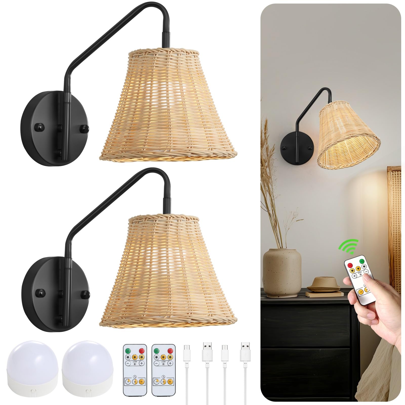 View 1 of **MISSING LIGHT PARTS**Boho Battery Operated Wall Sconce, 100% Natural Rattan Wall Sconces Set of Two Battery Operated, Adjustable Battery Wall Sconce, Remote Rechargeable Wall Sconces, Wirless Battery Sconces for Bedroom