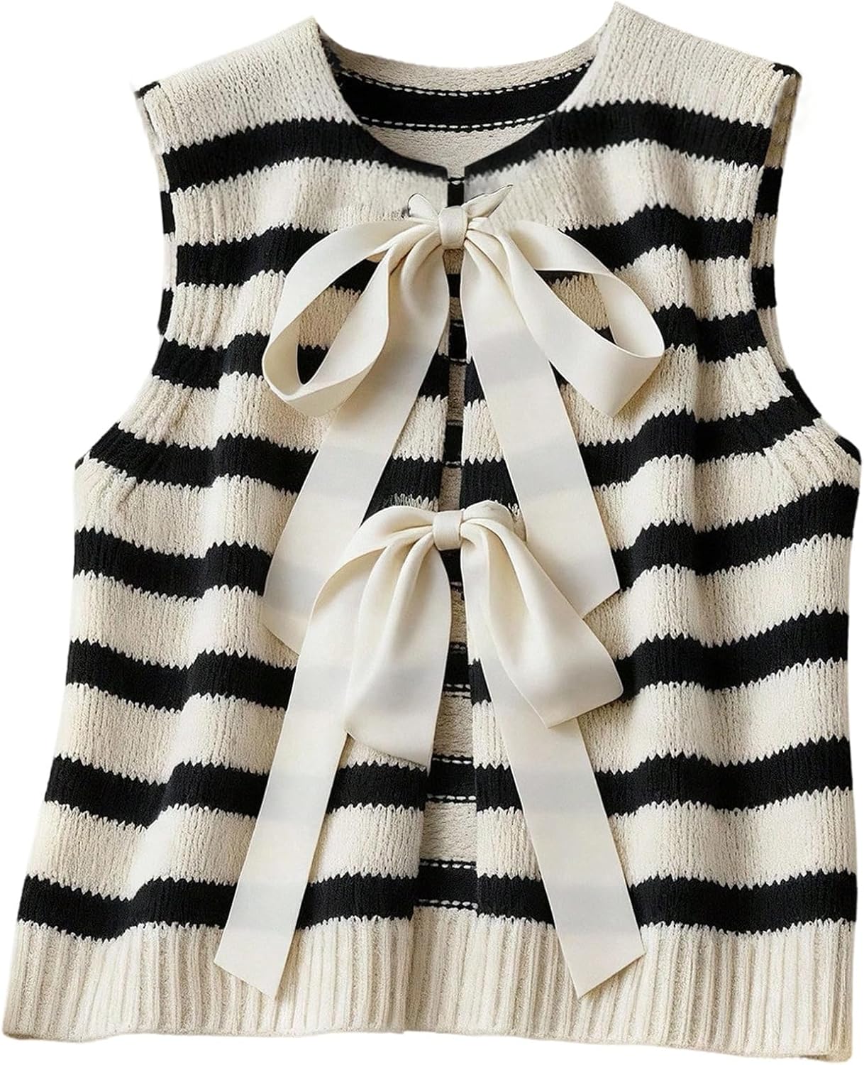 SOLY HUX Women's Plus Size Striped Sweater Vest Bow Tie Back Crew Neck Sleeveless Cute Knit Tank Tops