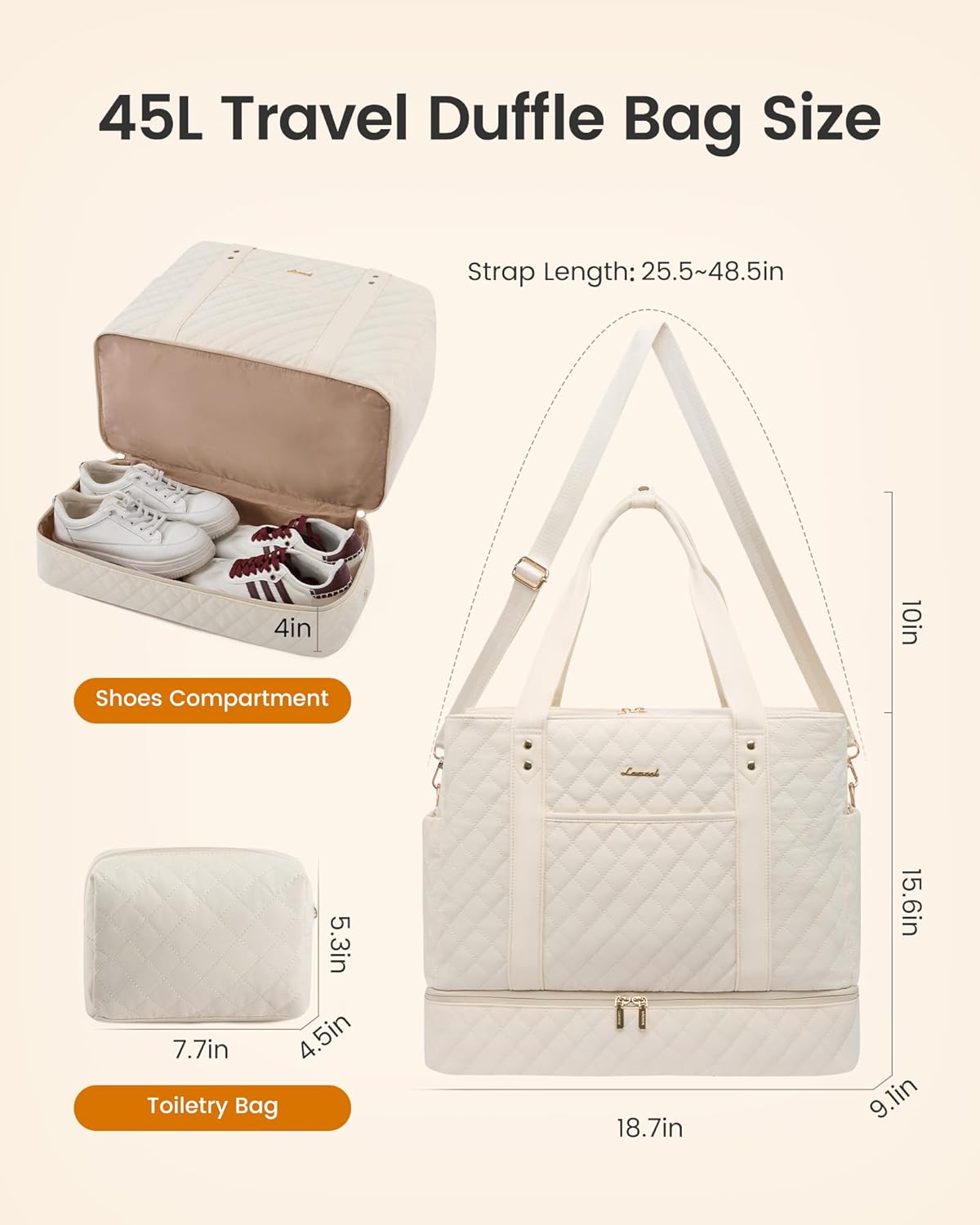 LOVEVOOK Large Travel Duffle Bag for Women, 45L Weekender Bags with Shoe Compartment & Wet Pocket, Quilted Carry On Personal Item Bag, Overnight Hospital Bags for Labor Delivery Beige - Image 6