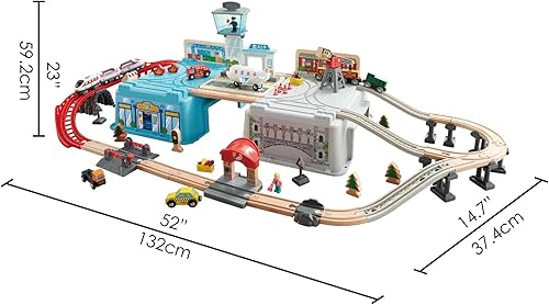 Miniatura 3 de Hape Super Cityscape - Juego de cubos de transporte | Juego de tren de juguete de madera con escenas de la ciudad, avión, motor a batería, para