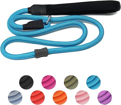 Strong Slip Rope Dog Training Leash 4ft - Heavy Duty Durable Braided Nylon Lead with Rubber Stopper & Padded Handle - No Pull Walking for Medium Large Dogs Blue, 1/2" x 4ft