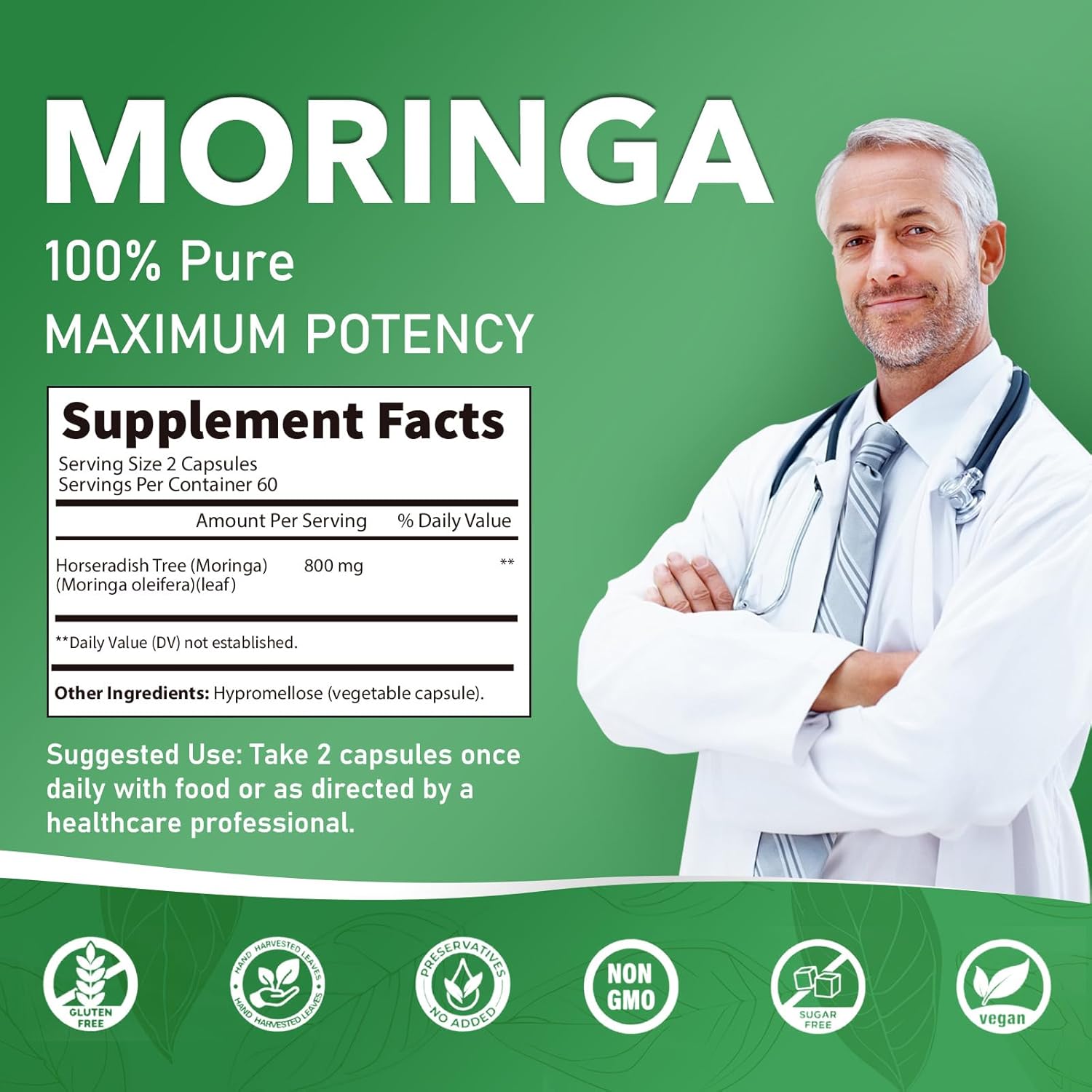 Moringa Capsules, Pure Moringa Powder Organic 800 mg, 120 Vegan, Skin Health,Energy, Immune Support, Non-GMO, Natural Green Antioxidant - Image 5