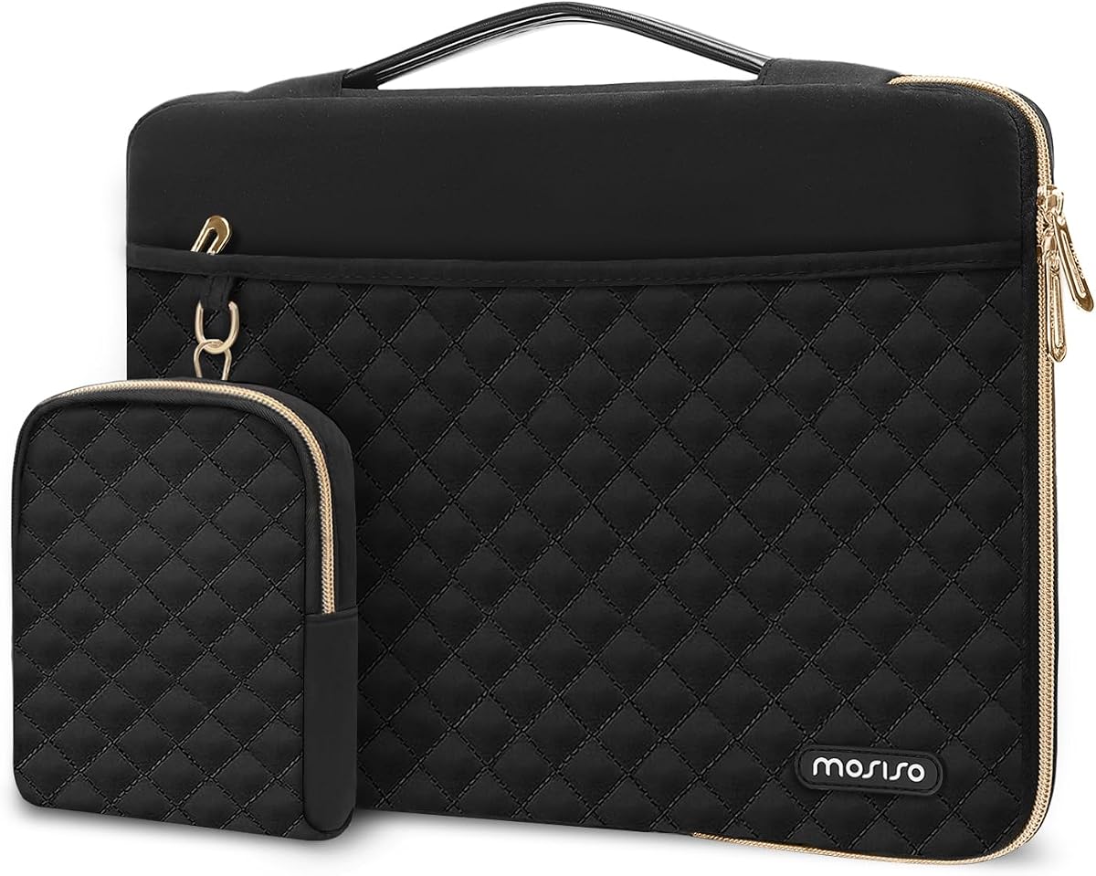 Funda protectora para portátil MOSISO de 13-14 pulgadas, negra | Compatible con MacBook Neo/Air 13.6/Pro 13/Pro 14, bolsa lateral acolchada cuadrada de 13,3 pulgadas con bolsillos horizontales y funda y cinturón pequeños