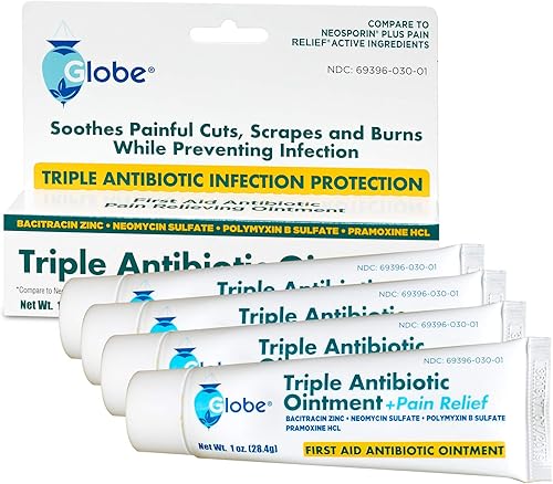 Miniatura 7 de Globe Paquete de 4 antibióticos triples + ungüento para aliviar el dolor, 1 onza, antibiótico de primeros auxilios, alivia el dolor, cortes,