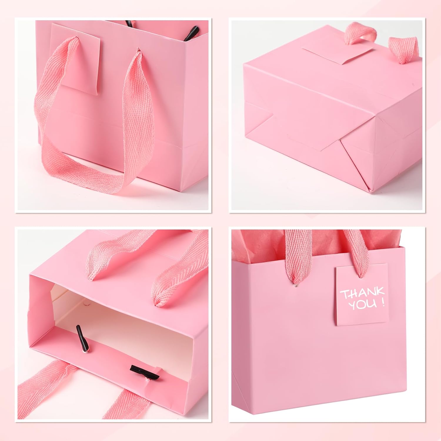 Zhanmai 100 Pcs 4.7 x 2.4 x 3.9 Mini Gift Bags Bulk with Tissue Paper Kraft Paper Bag with Handle Gift Tag for Birthday Party, Valentines Day, Baby Shower, Wedding, Mother's Day (Pink) - Image 5