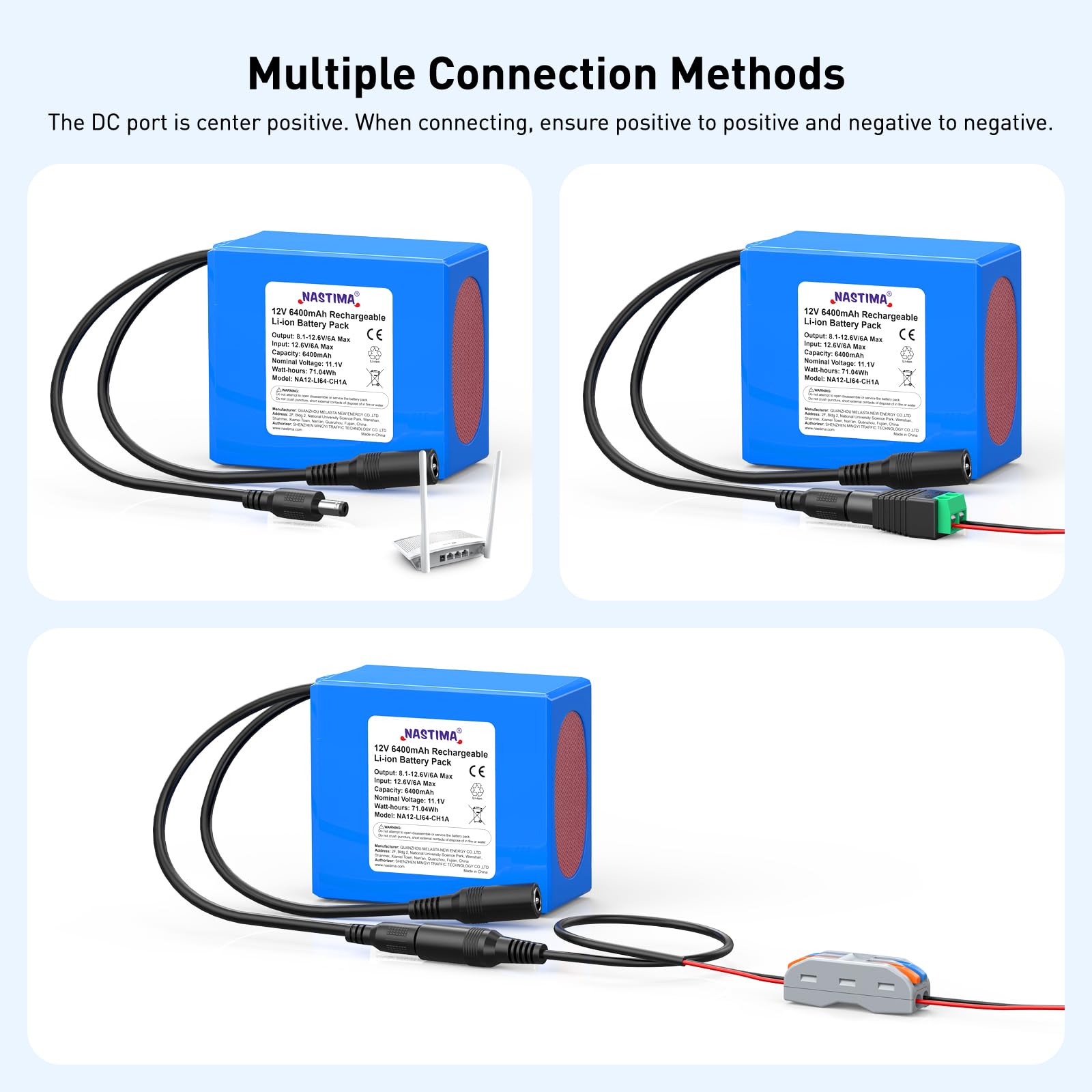 NASTIMA 6400mAh 71,04Wh 12V Wiederaufladbarer Lithium-Ionen-Akku, Geeignet für Kamera, Camcorder, MP3-Player, Elektronische Keyboard, CCTV-Kamera, Router, usw. Inklusive Ladegerät und Steckverbinder