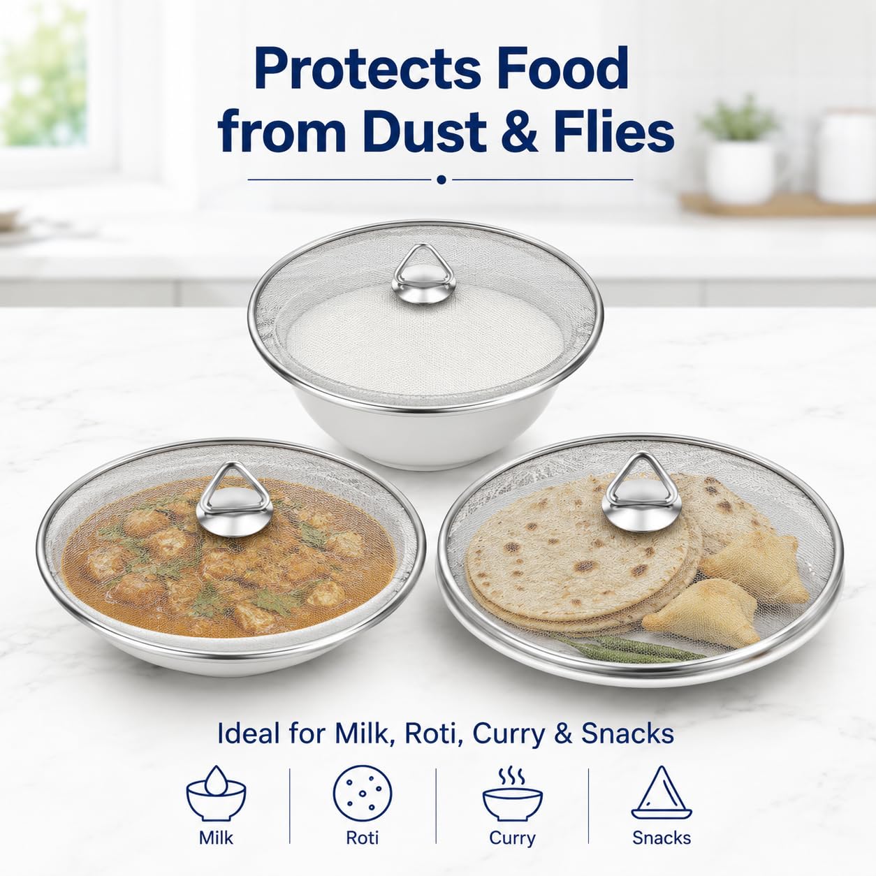 Garden Of Arts Stainless Steel Food Cover/Milk Cover Jali/Steel Jali Multipurpose Net Lid Set of 4, Mesh Food Covers for Milk, Roti, Curry, Fruits & Food Items, Sizes 15/18/21/23 cm, Silver 3