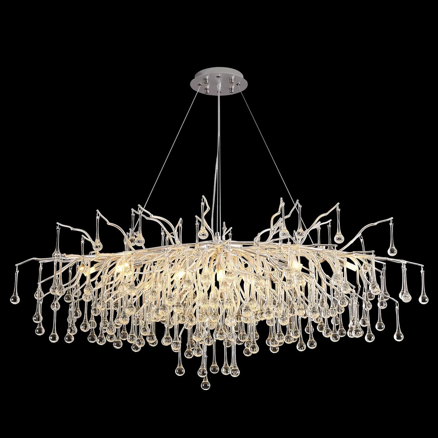 KXEcoLife Silver Crystal Chandelier, Modern L120cm Rectangular Chandeliers for Dining Room, K9 Large Luxury Hanging Light Fixture Chandelier Foyer Living Room Kitchen Island