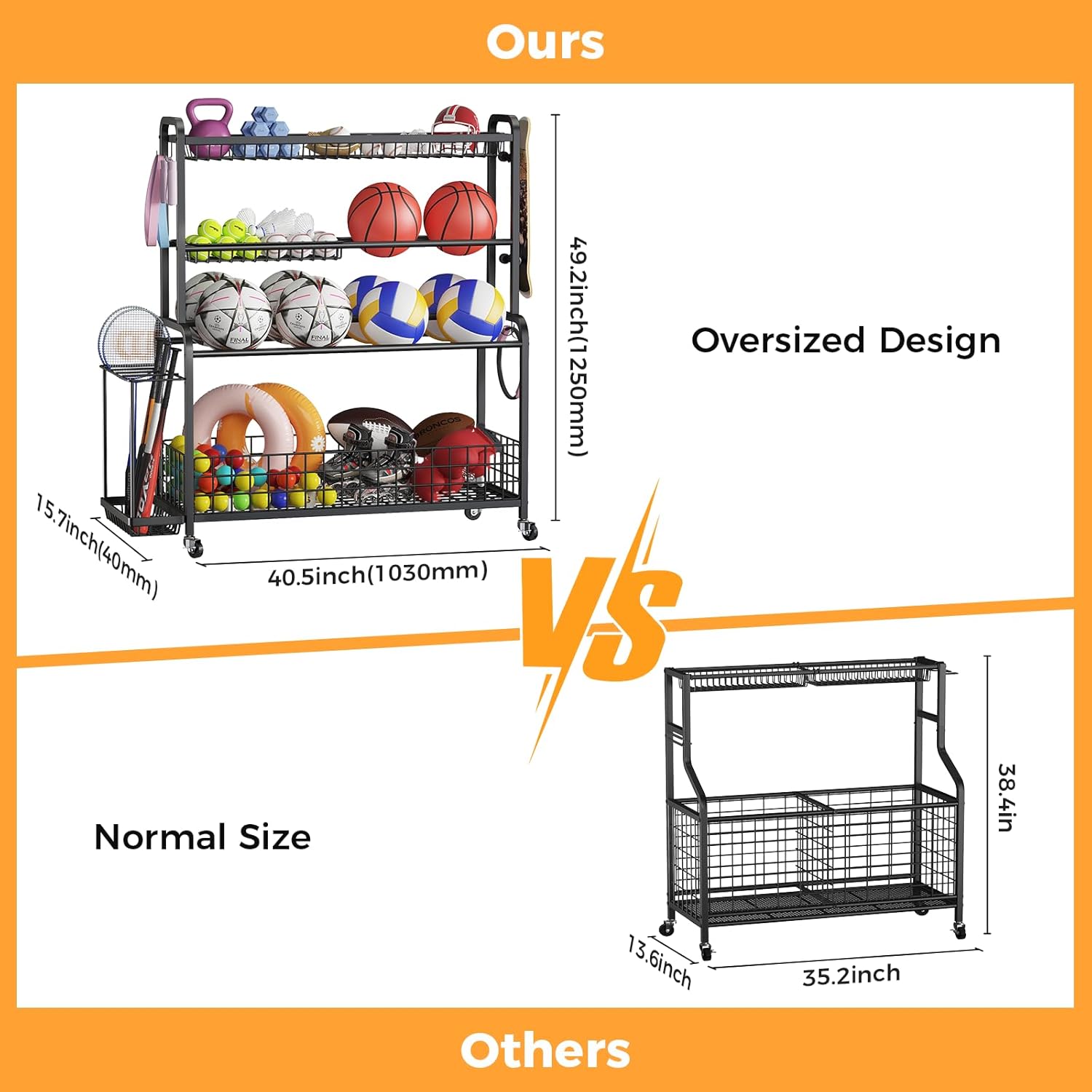Oversized Sports Equipment Organizer, 4 Layers Garage Oragnization Ball Stroage Rack with Wheels, Hooks and Baskets Ball Organizers and Storage for Indoor Outdoor Use Toy Sports Gear Storage, Black