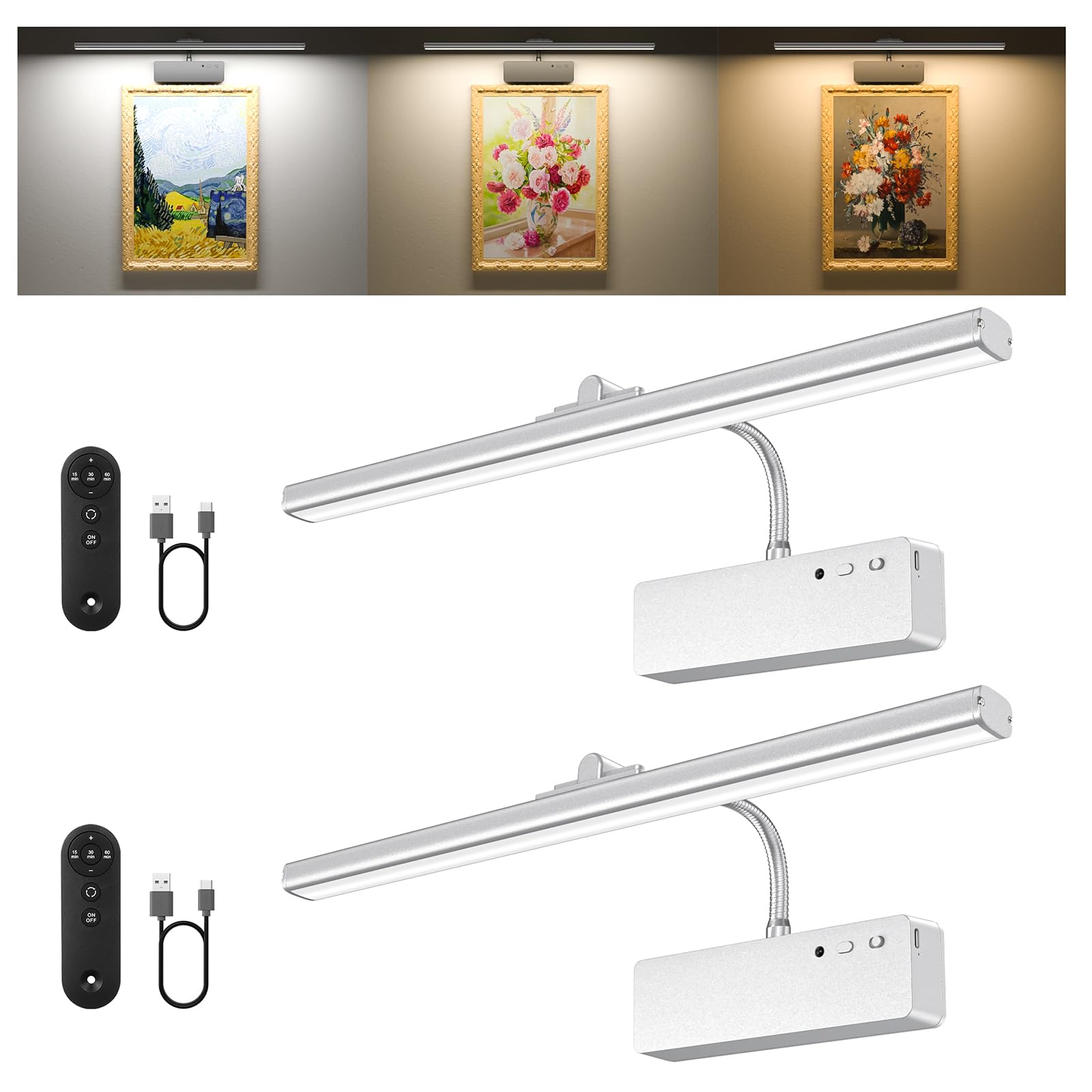 Photo 1 of Picture Light, 15.35inch Wireless Picture Lights for Wall Rechargeable, Battery Wall Lights for Pictures, 3 Color Art Lighting for Paintings with Timer and Dimmable for Display Gallery Frame (Silver)