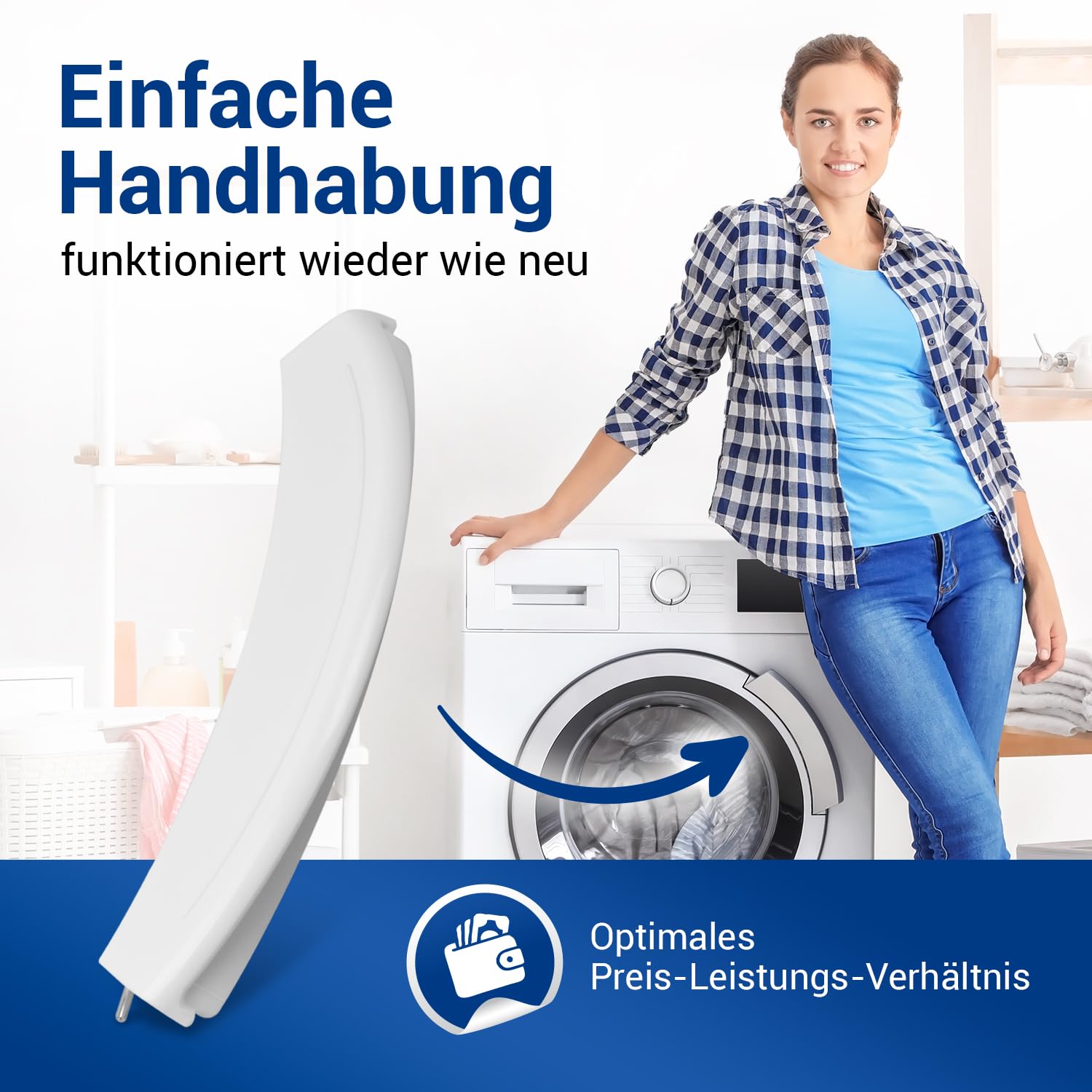 Zamiennik klamki do drzwi z tworzywa sztucznego do Bosch Siemens 00266751 266751 266751, iluminator 200 x 47 x 18 mm, biały, z wałkami do pralki