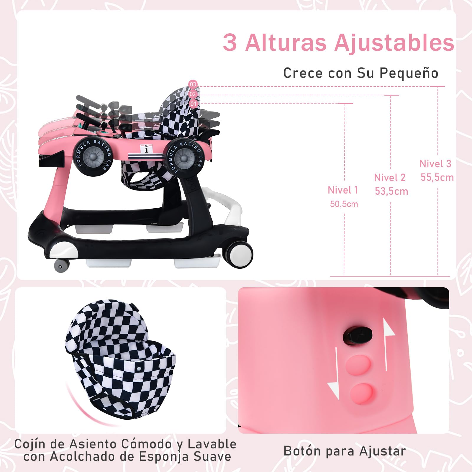 COSTWAY 4 en 1 Andador Bebes, Tacata Bebe Plegable con Altura y Velocidad Regulables, Carillón con Luces, Volante y Asiento con Cojín, Diseño Antivuelco, Caminador para Bebe de 6-18 Meses