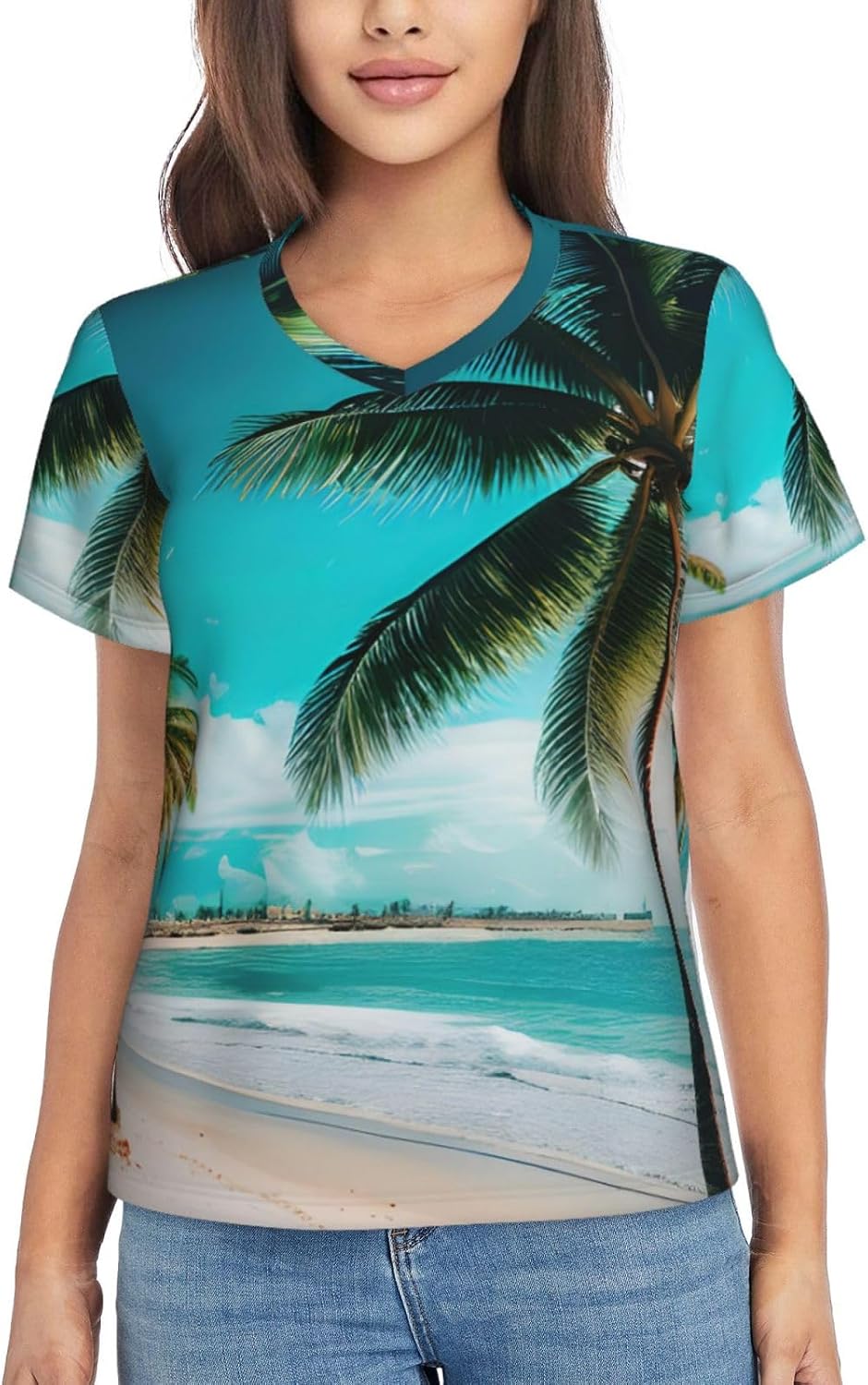 Women Casual Beach Palm Trees Print V-Neck T-Shirt Short Sleeve Summer Trendy Tops.