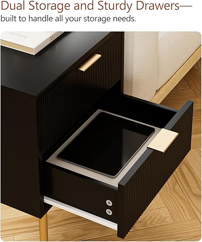 Miniatura 6 de Masupu Mesita de noche, mesa auxiliar de estilo moderno de mediados de siglo con 2 cajones de almacenamiento, pequeña mesa lateral dorada para