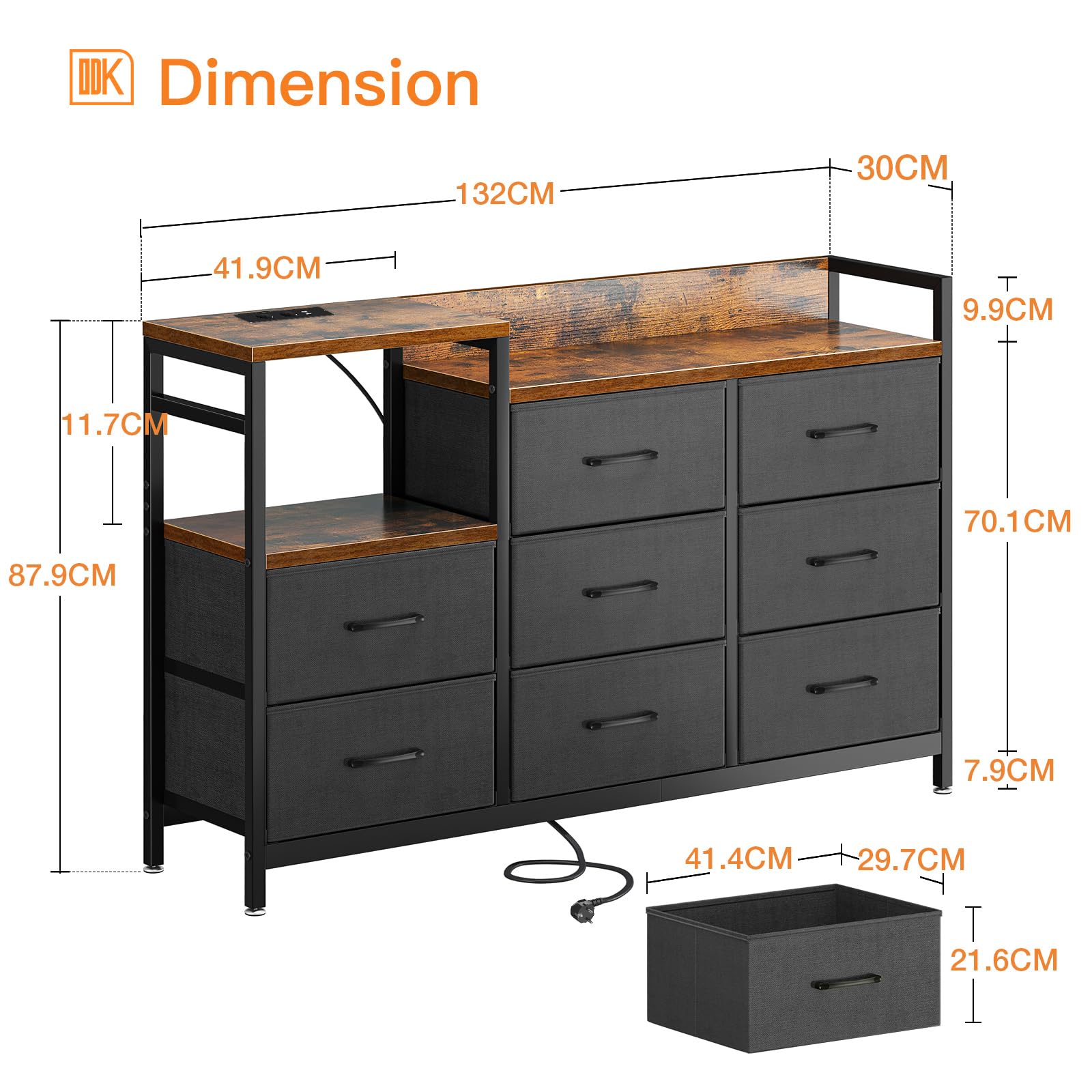 ODK Commode Chambre, 2 Ports USB et 2 Ports AC, Armoire à tiroirs multifonctionnelle pour Chambre et Salon - Buffet Stable et résistant, 132 * 30 * 88 cm, Vintage et Noir
