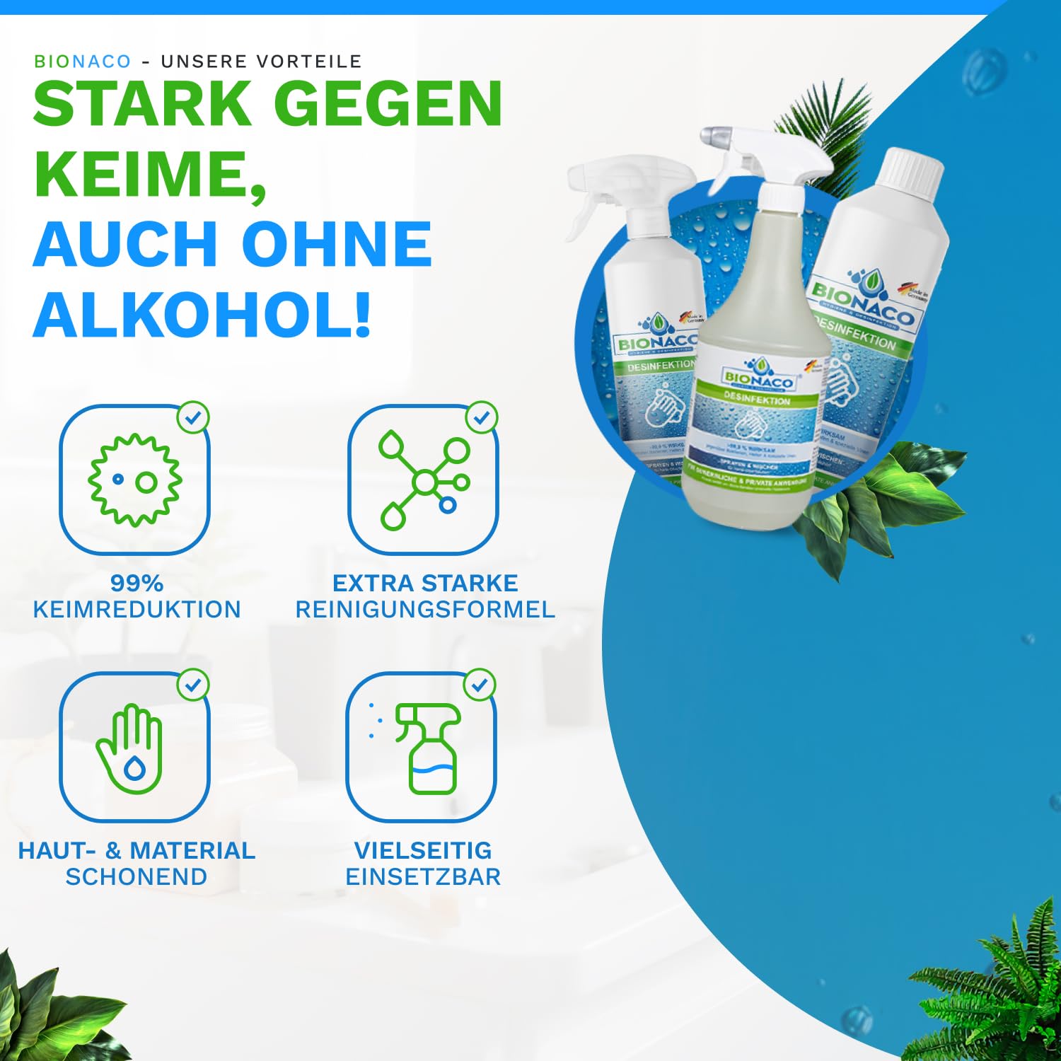 Bionaco Desinfektionmittel - Alkoholfreies Reinigungsmittel zur Desinfektion, Hygiene-Spray für Oberflächen und Gegenstände, nachhaltiger & naturnaher Wirkstoff-Komplex, Made in Germany (1L Sprühkopf)