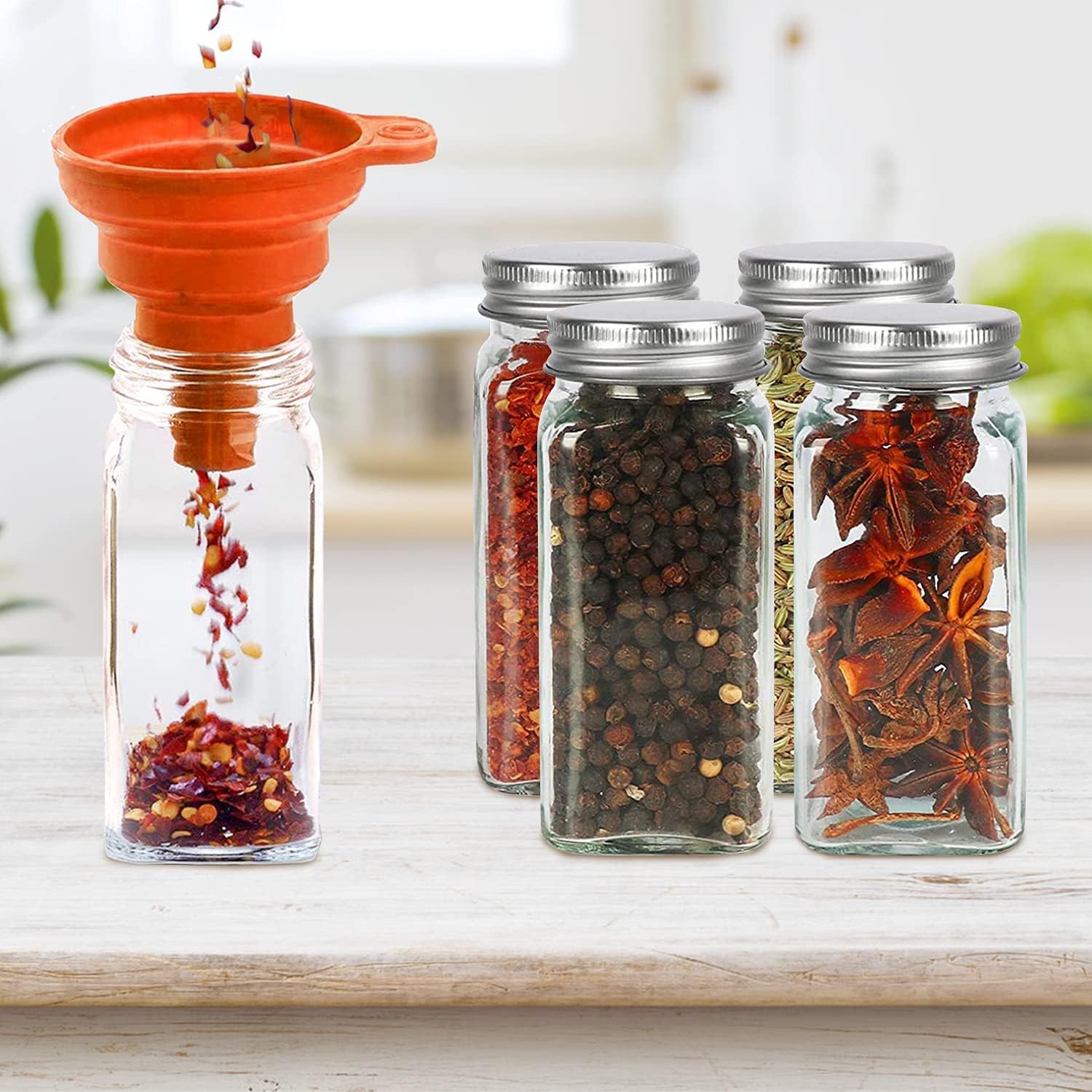 30pcs Square Spice Jars with Labels, TAOUNOA 4oz Glass Jars with Lids, Spice Bottles with Shaker Lids, Metal Caps, Marker, Silicone Collapsible Funnel and Labels