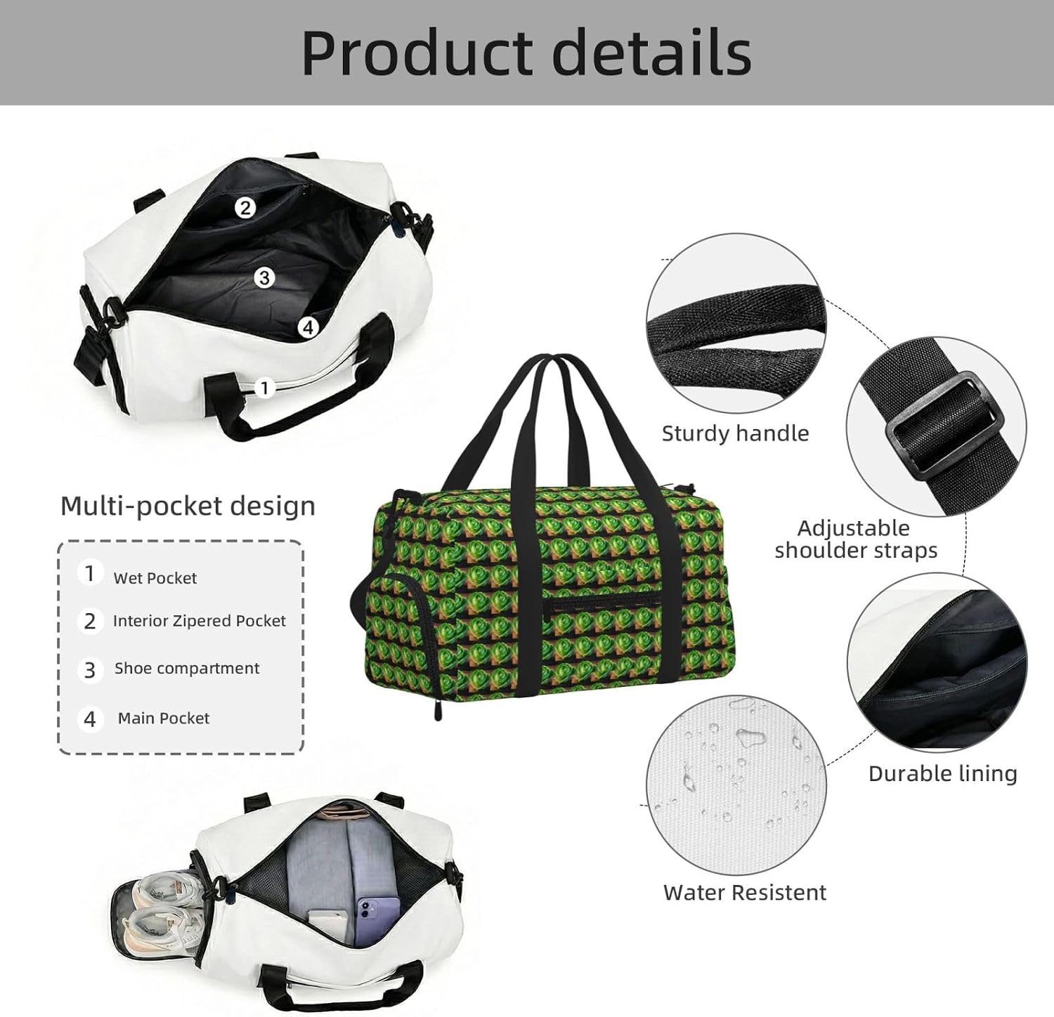 Bright Cabbage Print Handheld Sports Luggage Unisex Crossbody Bag Travel Weekend Fitness Workout image 5