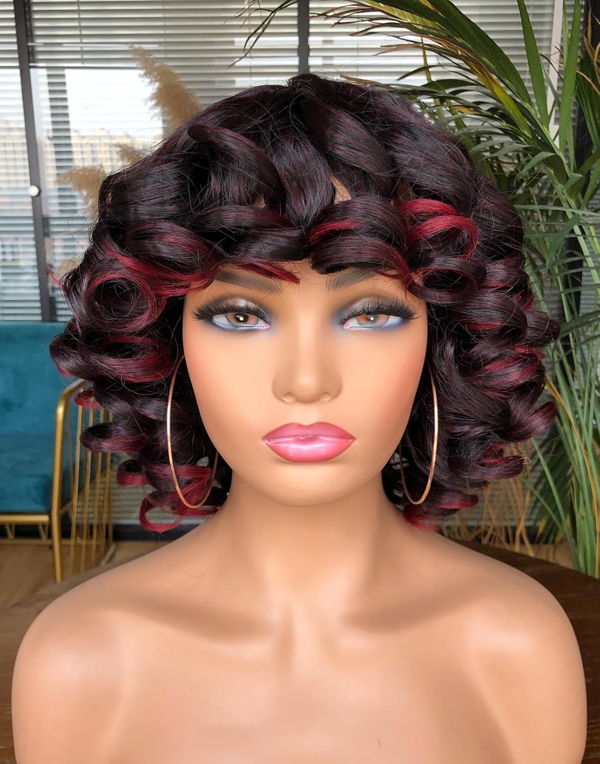 Annivia Short Curly Wigs for Black Women Afro Kinky Curly Wig with Bangs Loose Cute Curls Synthetic Hair for African American Women（2#Black）