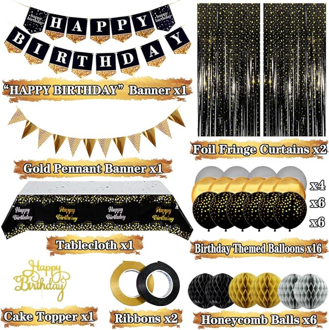 Kit Decoración Fiesta Black Gold Banner Globos Cortina miniatura 4