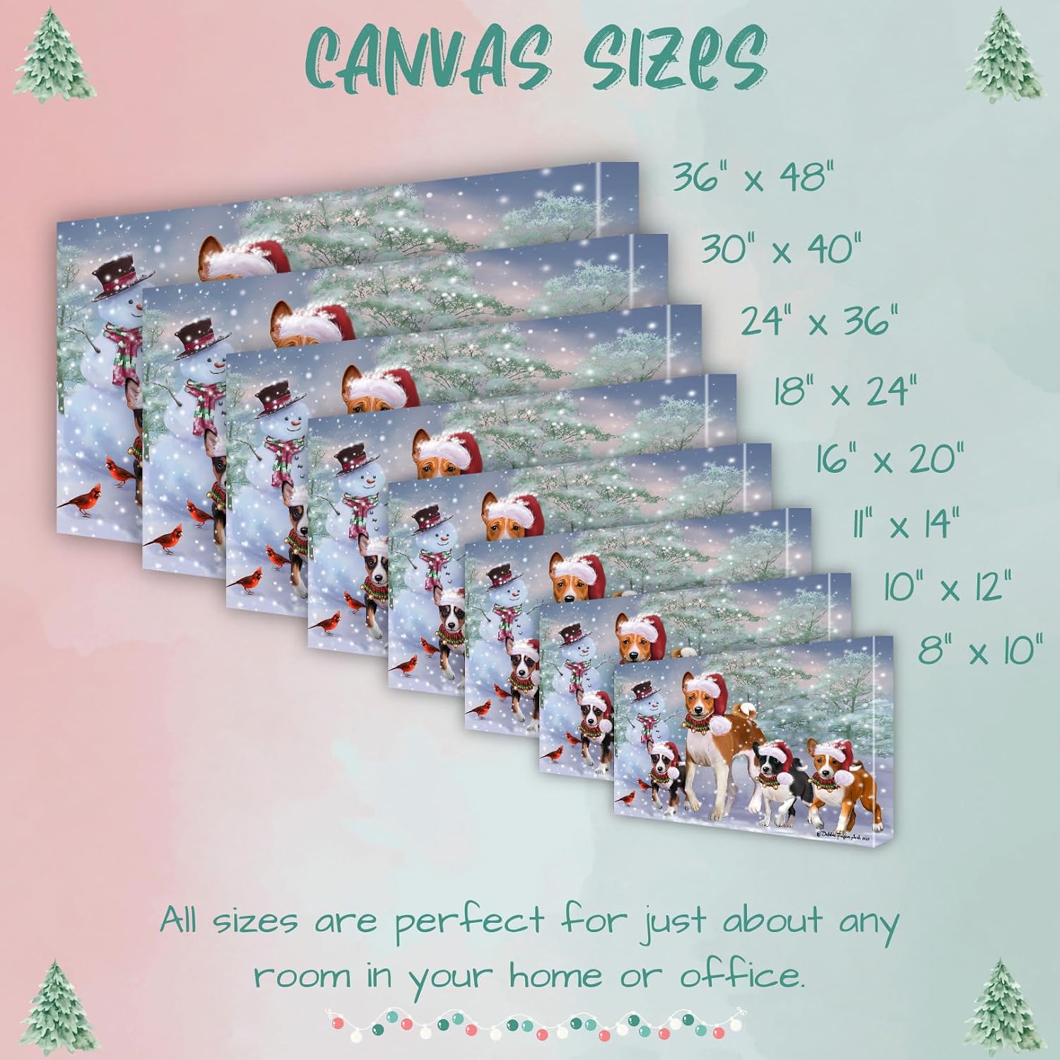 Doggie of the Day Christmas Running Family Basenji Dogs Canvas Wall Art - Premium Quality Ready to Hang Room Decor Wall Art Canvas - Digital Painting for Decoration, 12"x12"