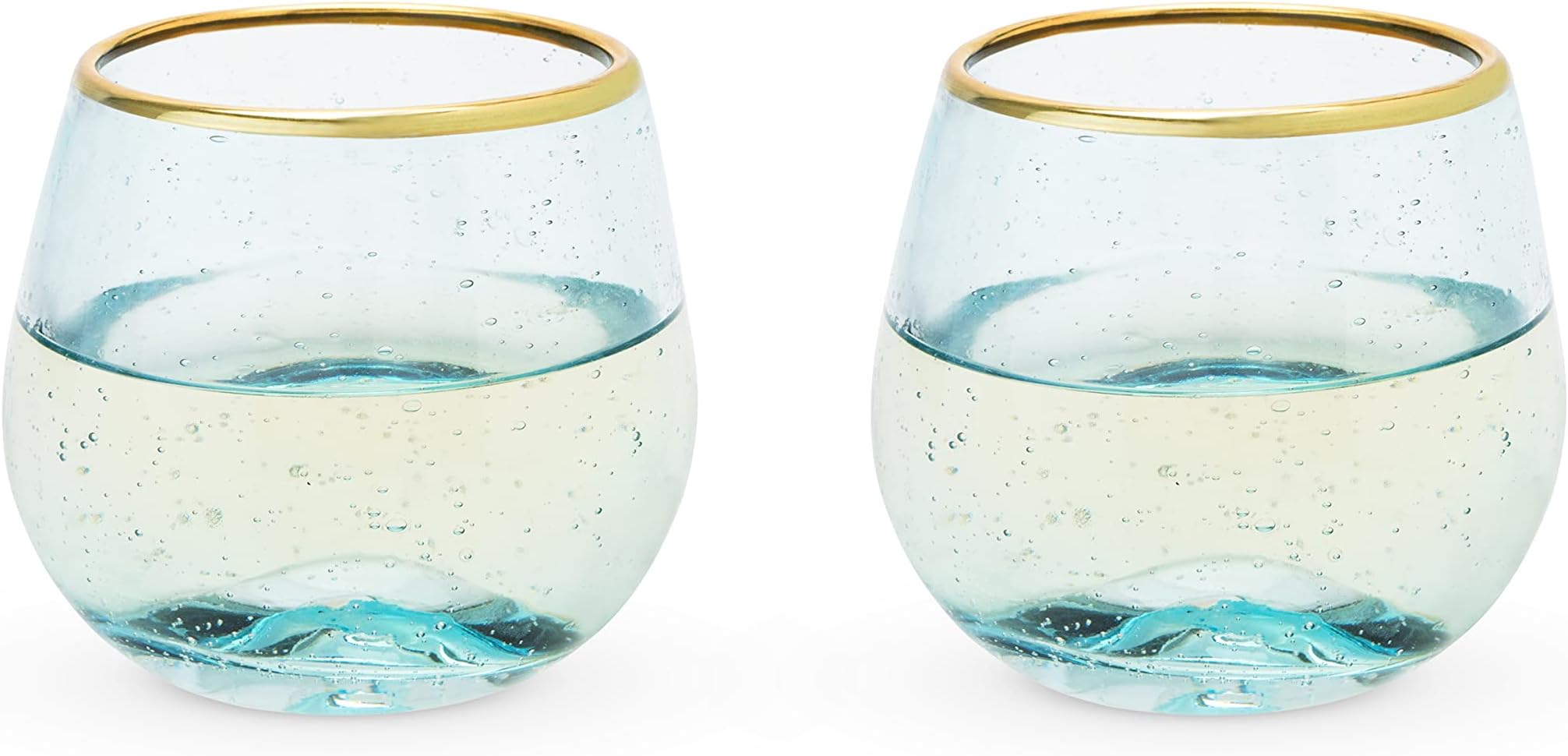 Twine Aqua Bubble Gold Rim Stemless Wine Glasses, Tinted Glass, Set of 2, 12 oz Capacity