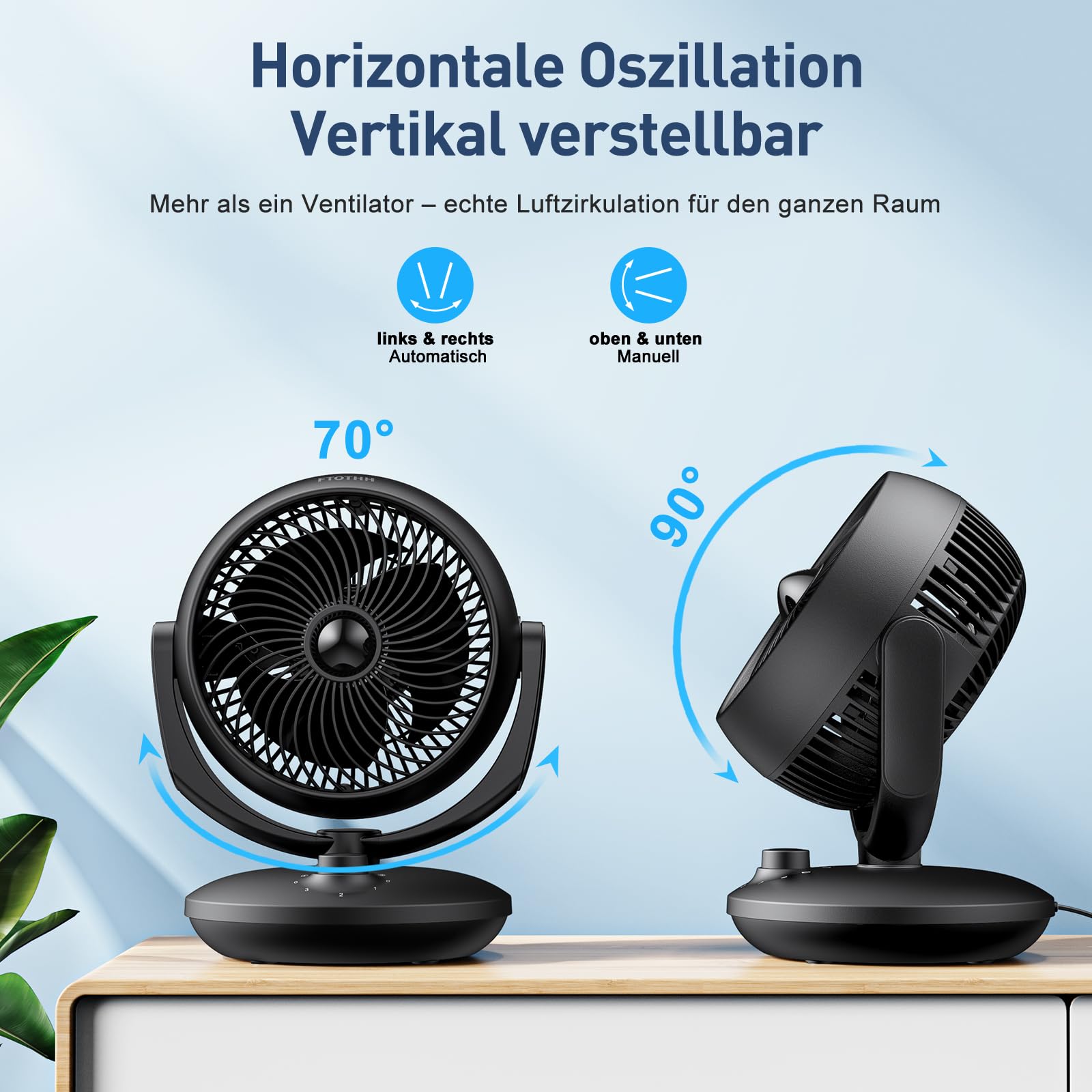 Ventilator Leise 22dB Tischventilator 3 Geschwindigkeiten Oszillation 3D Turbo Umluftventilator bis 20m² Schwarz