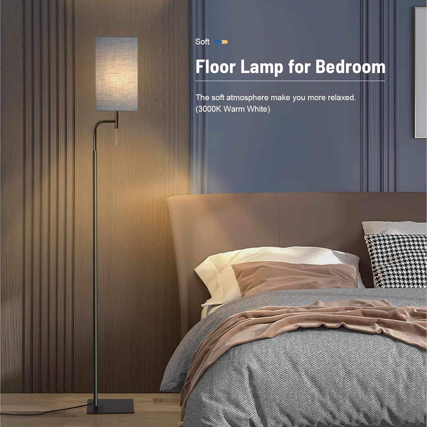 Floor Lamp for Living Room, 3 Color Temperatures Modern Standing Tall Lamps for Bedroom, Elegant Linen Shade, Minimalist Stand Up Pole Lamp for Office Kids Room Reading, Blue