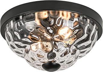 Black Flush Mount Ceiling Light Fixtures,11.81 inch,2-Light Ceiling Mount,Texture Glass Ceiling Light,Industrial Flush Mount Light Fixture for Hallway,Kitchen,Entryway,Bedroom,Balcony,Farmhouse