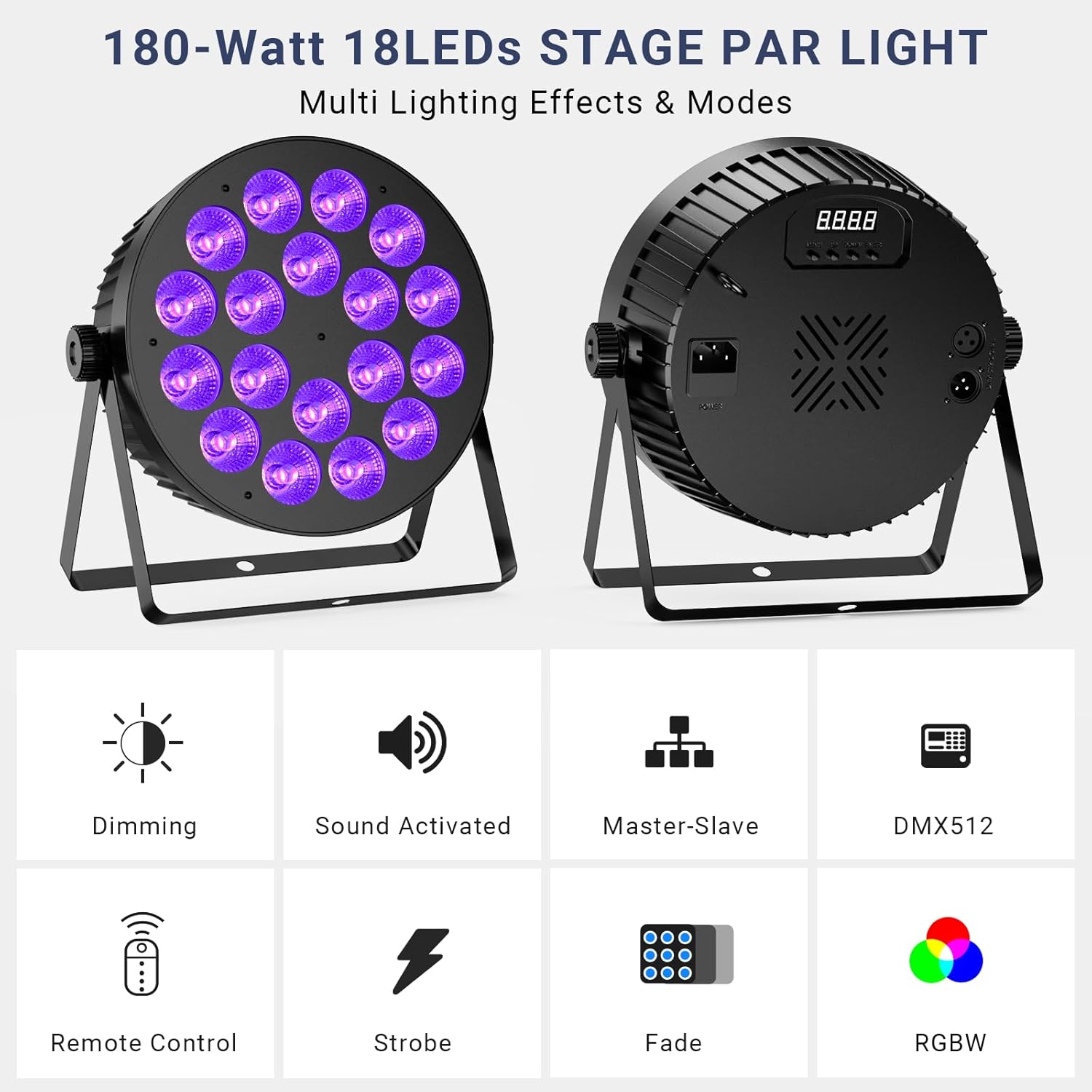180W RGBW Par Lights DMX - LED Stage Par Lights 2 Pack with 4IN1 Quad Smooth Color Mixing with Remote DMX Control Multi-Modes Easy Setup for DJ Events Party Church and Live Performances