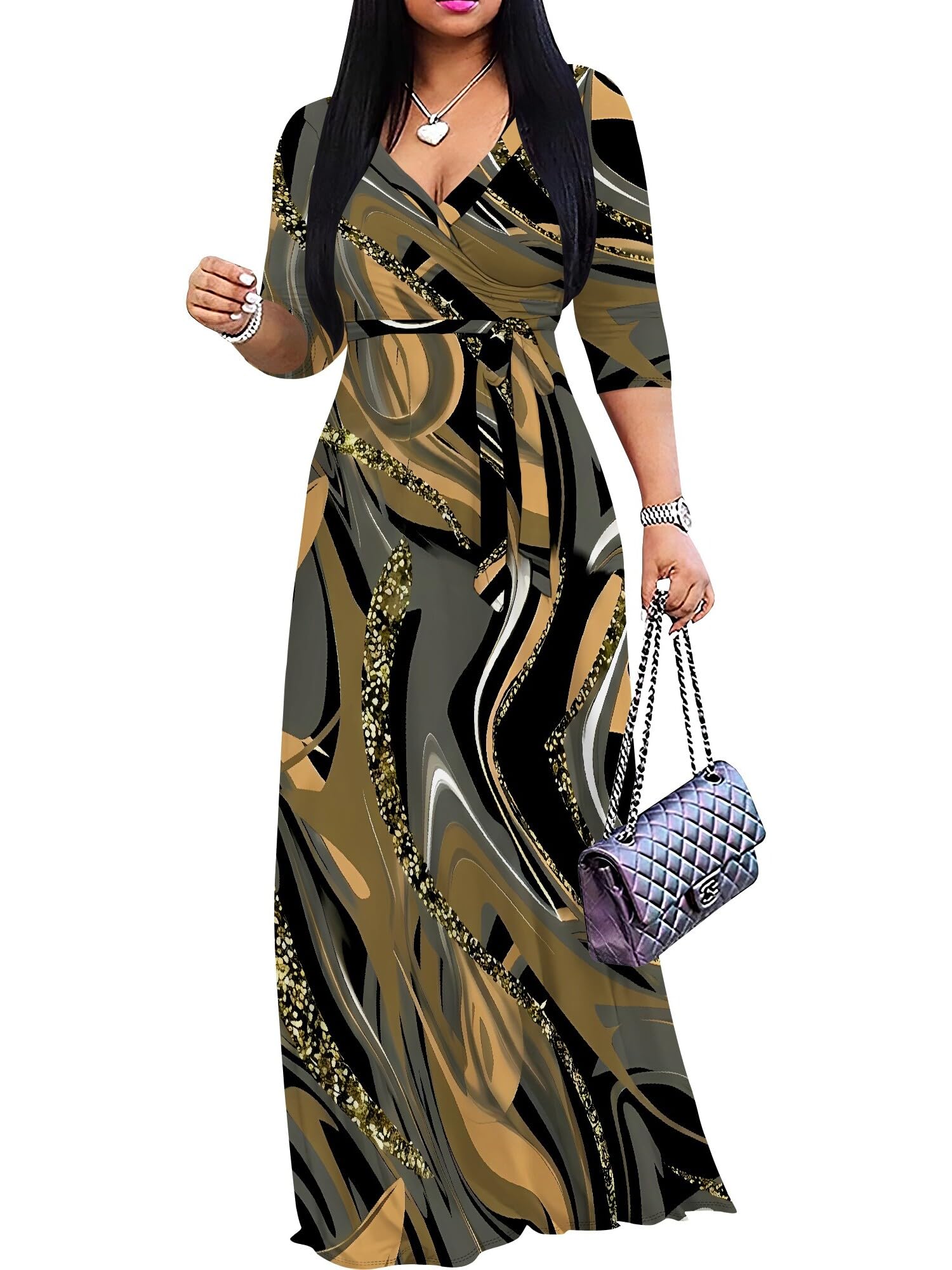 PinkPatty Women's Plus Size Maxi Dresses Casual Flowy 3/4 Sleeves Dress Printed Vacation Dress for Daily Wear with Belt