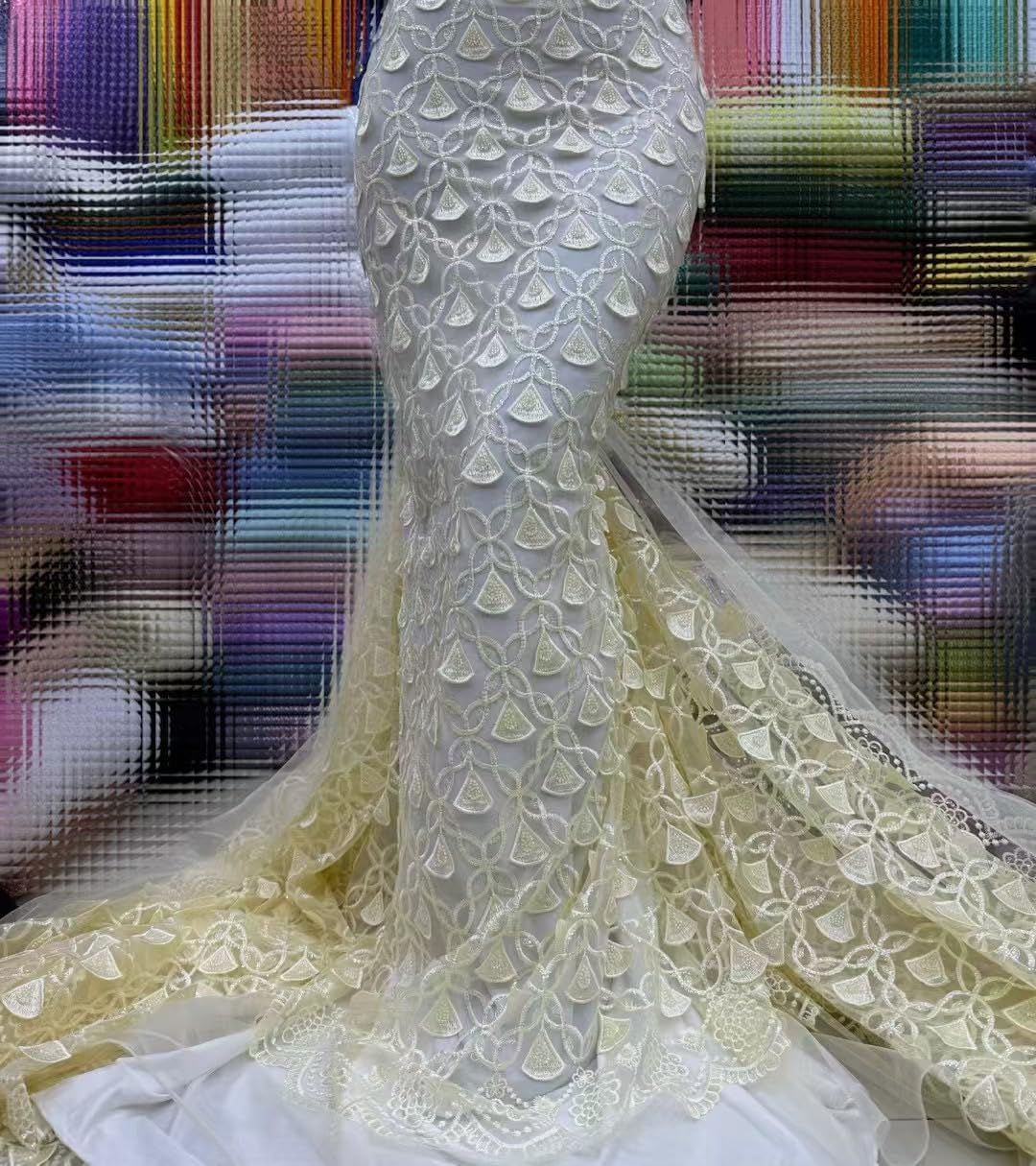 African Beaded Sequins Embroidery Lace, Unique Fabri French Tulle Lace Fabric for Bridal Wedding Sewing, 5 Yards (Champagne)