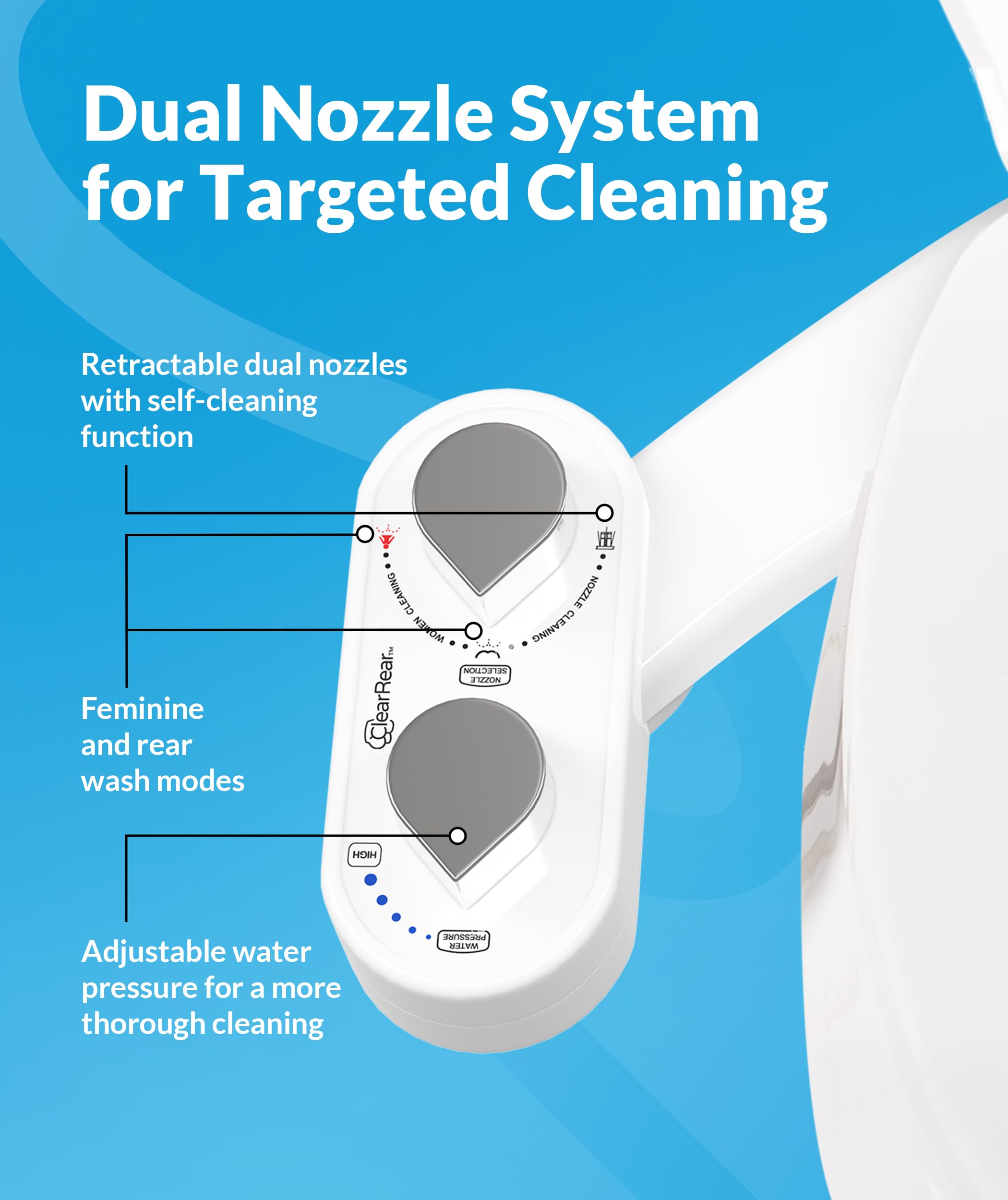 Clear Rear Bidet do toalety - samoczyszcząca deska sedesowa z podwójną dyszą z regulowanym ciśnieniem wody - łatwa instalacja - higieniczne akcesoria toaletowe - bidet FSA HSA
