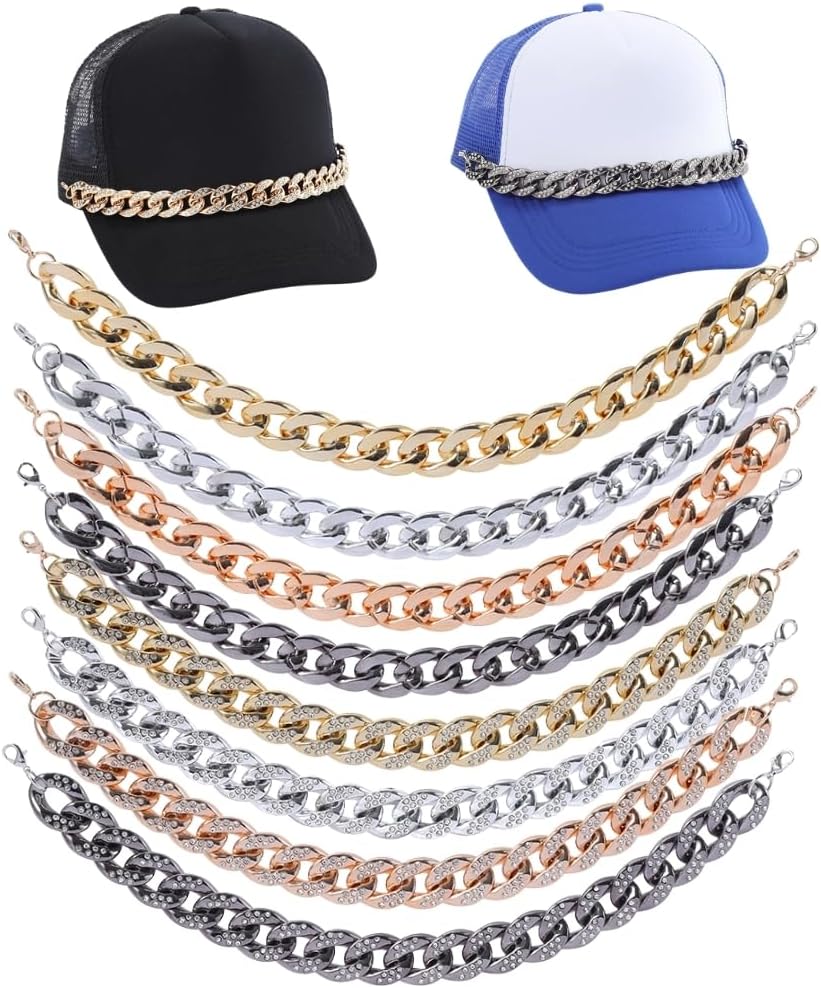 8Pcs Gold Plated Rhinestone Trucker Hat Chains–Hip Hop Hat Accessory for Men & Women, 80s 90s Retro Festival & Party Hat Chains, Costume Cap Decoration