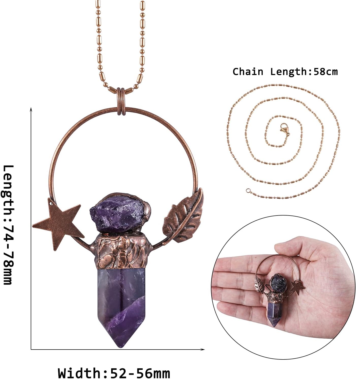 SUNYIK Natural Hexagonal Crystal Pendant Necklace for Women Men, Raw Amethyst Charm Pendant with Adjustable Chain - Image 2