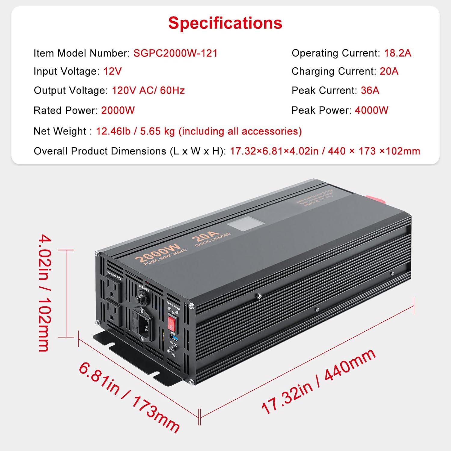 Happybuy Sump Pump Battery Backup Inverter with dimensions and specifications