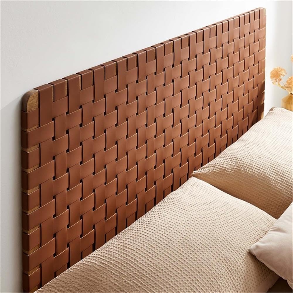 Pemberly Row Wall-Mount Queen Headboard, Basket Woven Vegan Leather, Walnut Brown Finish, Solid Wood Frame, Adjustable Height, Space-Saving Design for Primary or Guest Bedroom Decor