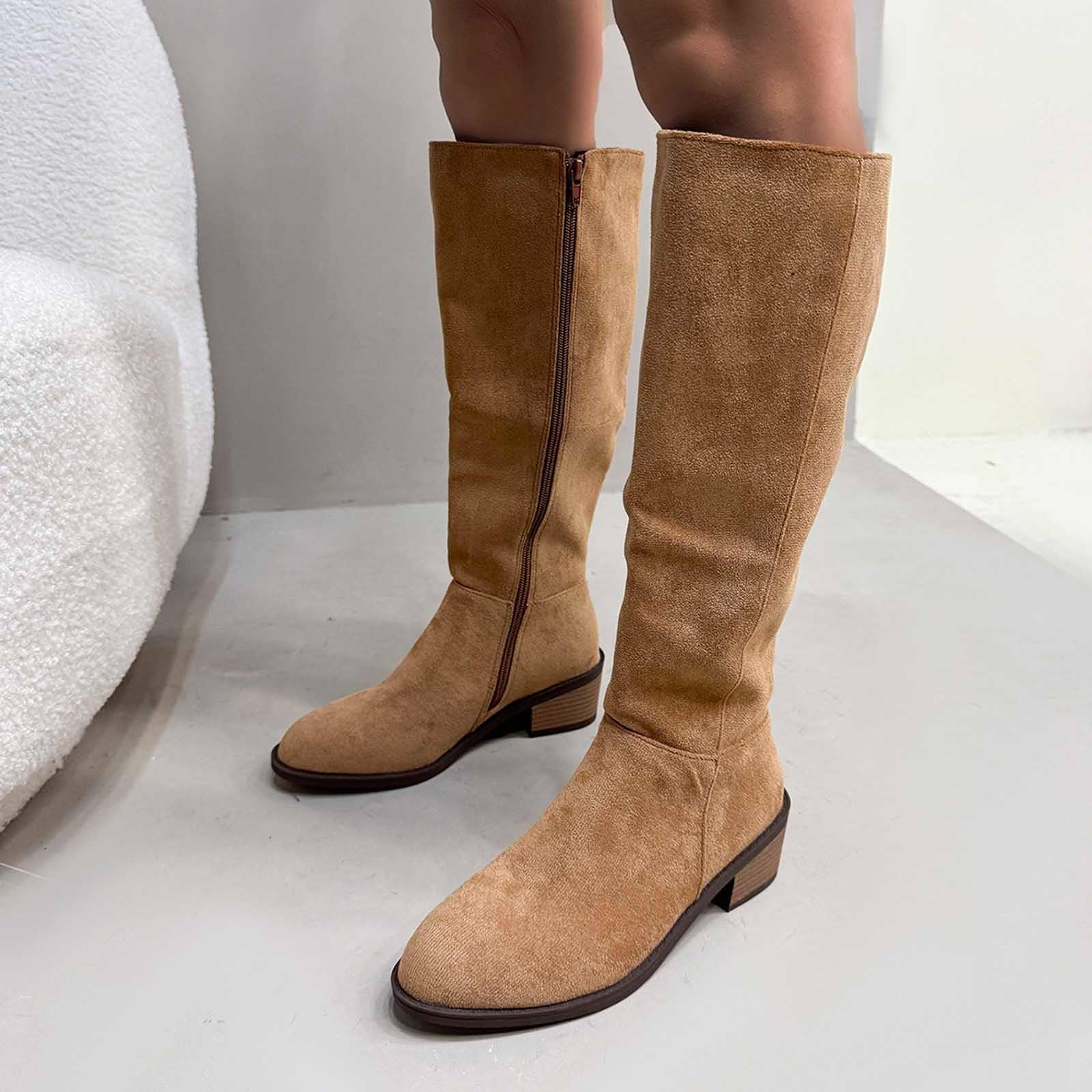 Generisch Stivali da equitazione invernali in pelle scamosciata con polpaccio medio, cerniera laterale, stivaletti, comodi, casual, scarpe alla moda per l'inverno e l'autunno