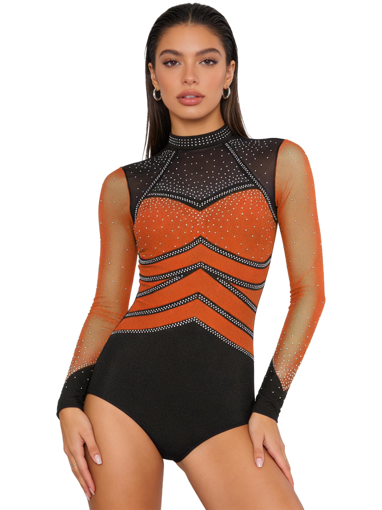 Combinaison sportive strass juste au corps manche longue danse moderne - 6