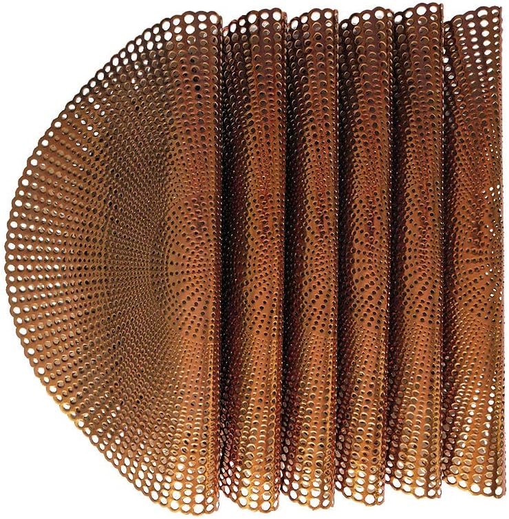 16.5" Round Vinyl Metallic Placemats Hollow Out Design, Set of 6, Gradual Raindrop Functional Mat for Dining Table Durable Non-Slip，Copper