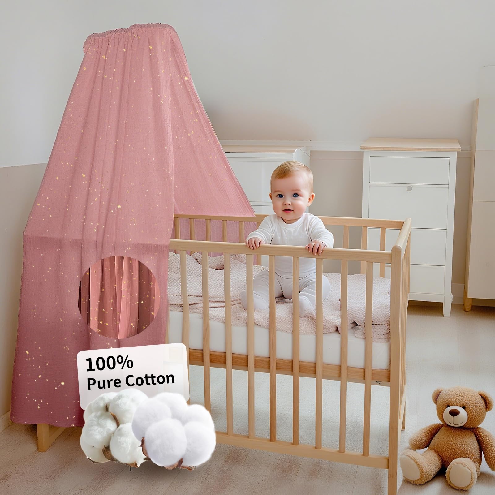 Babybettbezug, handgefertigt aus 100% Baumwollmusselin, Bettbezug mit Goldapplikationen (ohne Bettgitter), geeignet für Jungen und Mädchen (140 x 270 cm, Altrosa)