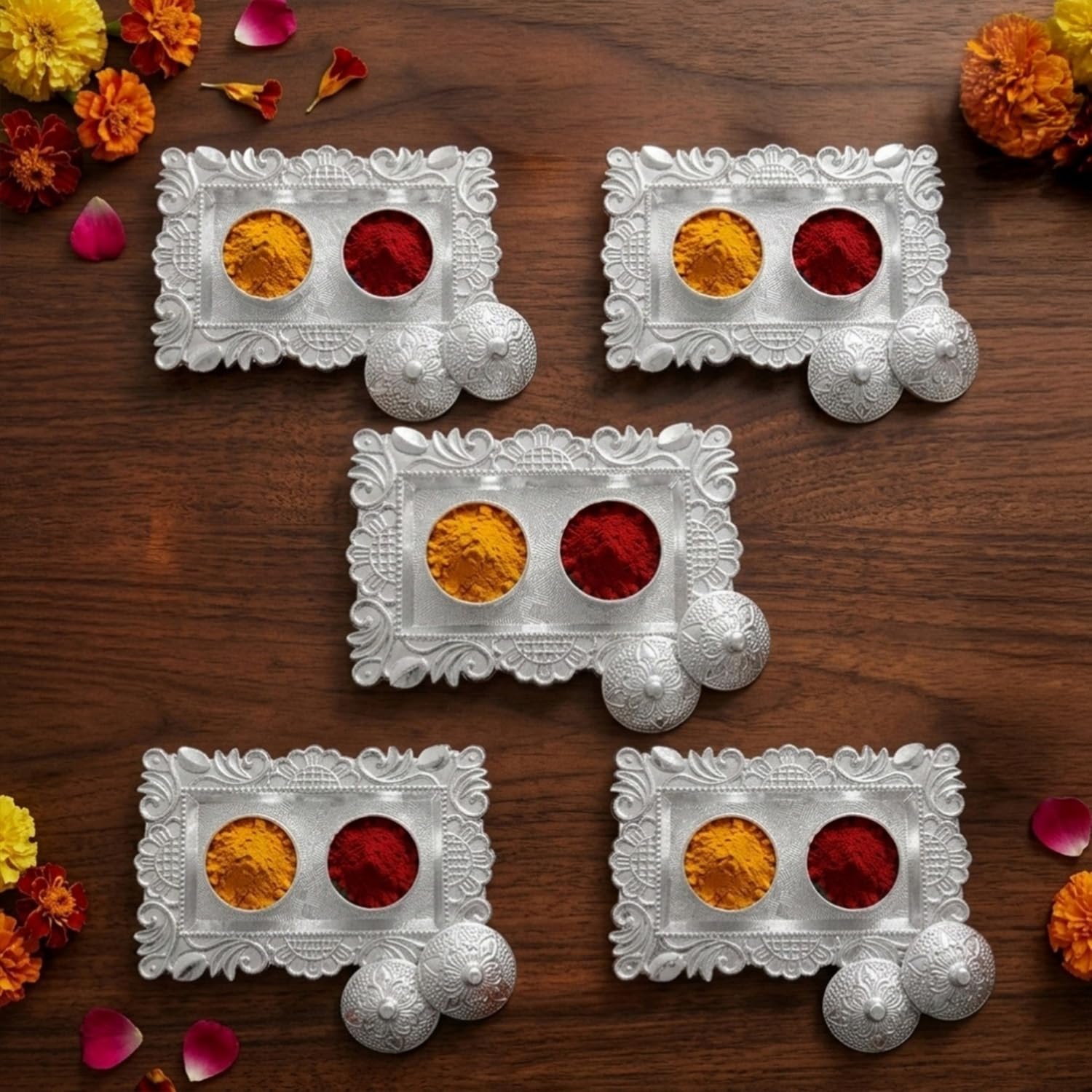 Ekhasa Haldi Kumkum Holder (Set of 5) for Pooja Return Gift for Ladies | Silver Colour Kumkum Container with Lid | Tambulam Favor for Women |Housewarming, Baby Shower, Festival, Wedding Return Gifts-image-6