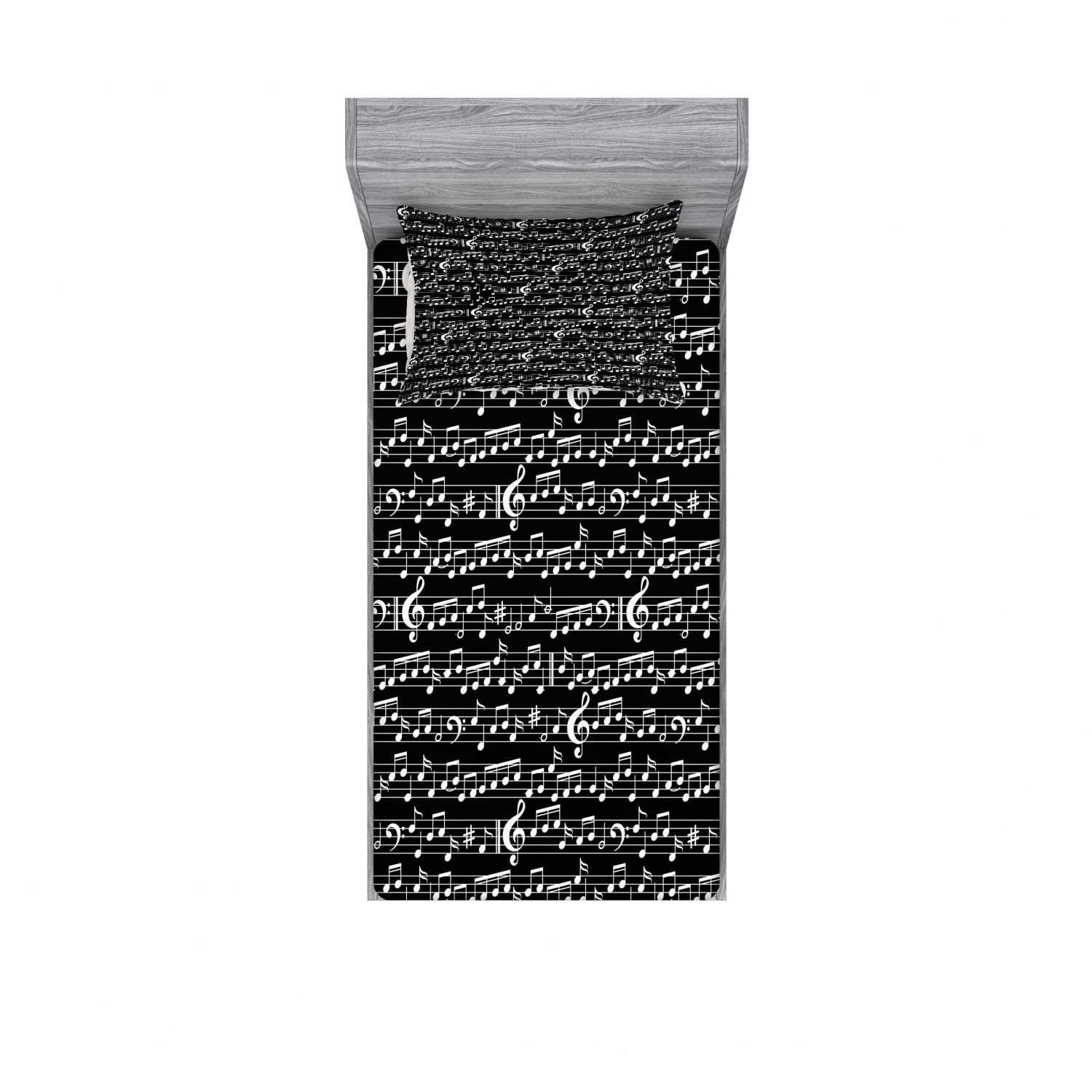 Ambesonne Black 2 Pack Fitted Sheet & Pillow Sham Set, Musical Note Print, 4 Pcs Bedding Decor, Package Contains 2 Twin Size Fitted Sheets & 2 Pillow Covers, White and Charcoal