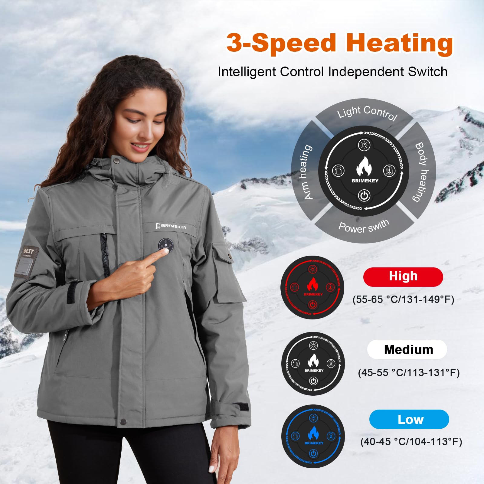 Giubbotto Riscaldato Donna in Fleece con Cappuccio, Impermeabile e Antivento, 6 Zone di Riscaldamento, Batteria 20000mAh, 3 Livelli Temperatura, Giacca Riscaldata per Sci, Snowboard, Campeggio