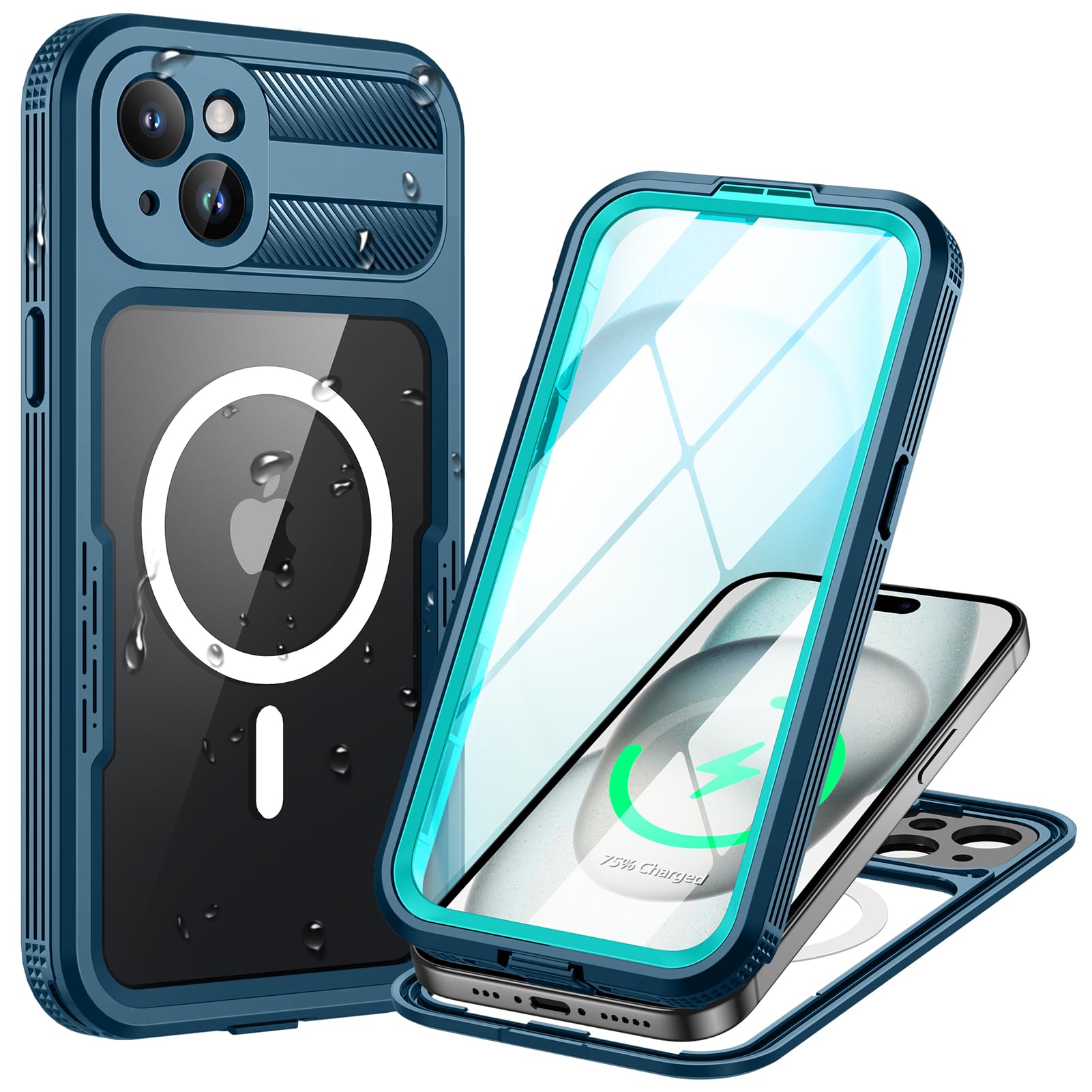 Lanhiem para Funda iPhone 15 Plus IPX8 Impermeable Magnética | Carcasa Compatible Magsafe, 360 Grados Antigolpes Robusta, Estanca Antipolvo Acuatica, con Protector Pantalla, Azul