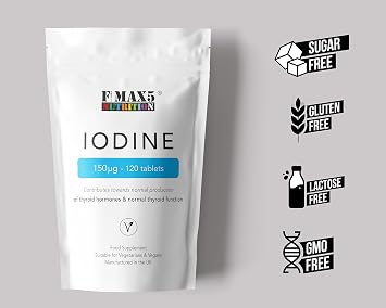 Iodine 150mcg 120 Tablets | High Strength Natural Source of Iodine from Potassium Iodide | Pregnancy Health & Thyroid Supplement | Vegan | UK Made | Fmax5 Supps