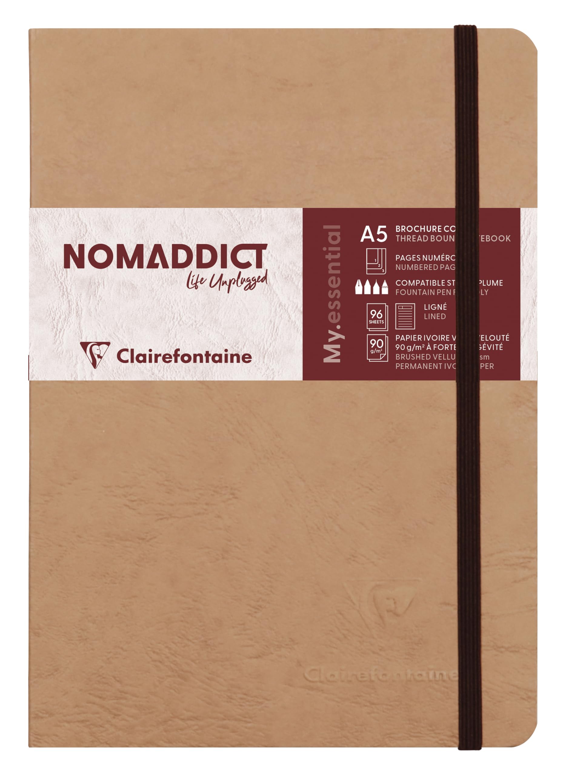 Clairefontaine 79346C Collection Age Bag Stitched Elastic Notebook MyEssential Tobacco A5 14,8x21cm - 192 Numbered Lined Pages - 90g Ivory Paper - Leather Cover