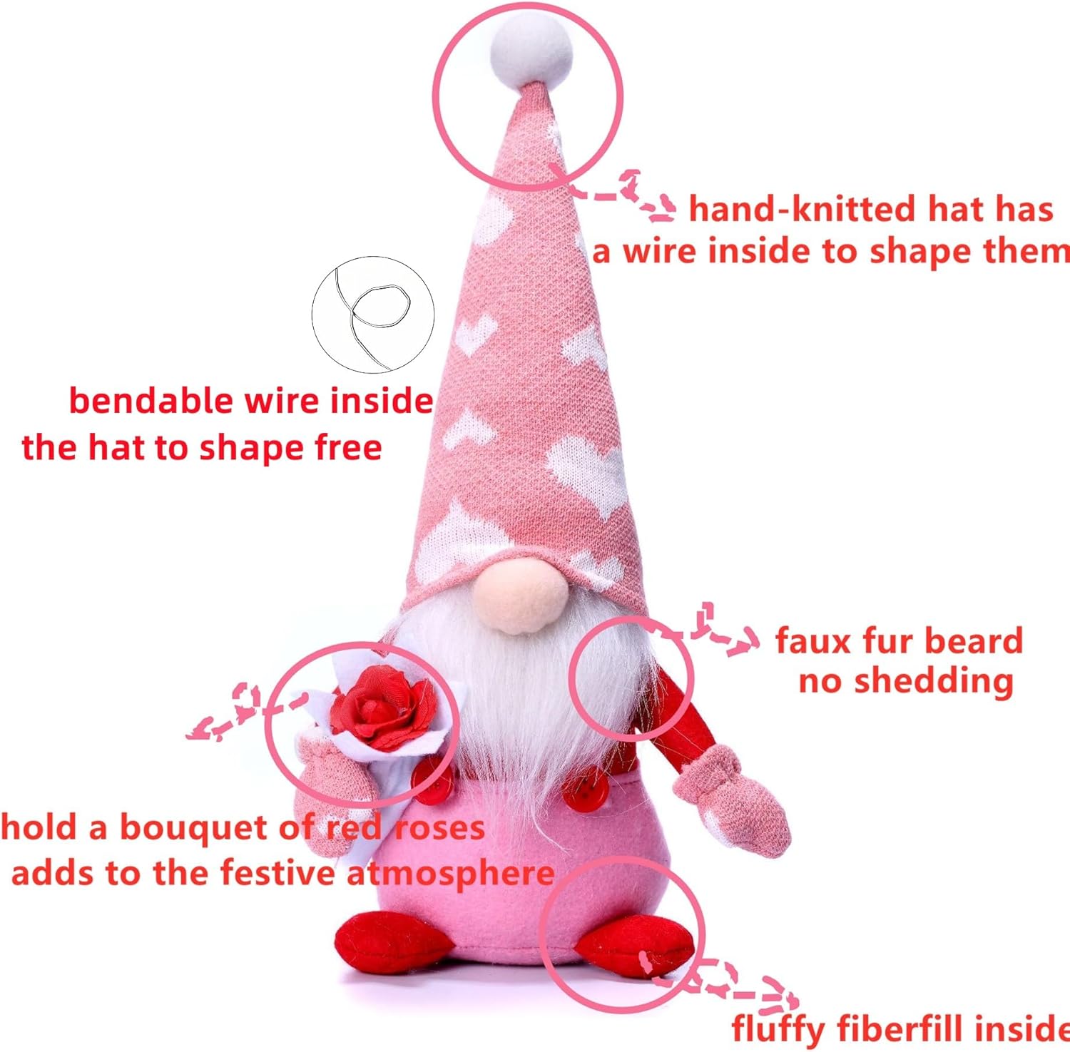 Valentine Gnomes Plush Couple, Valentines Day Gnome Decoration Tiered Tray Decor Stuffed Elf Swedish Tomte for Gifts - Image 4